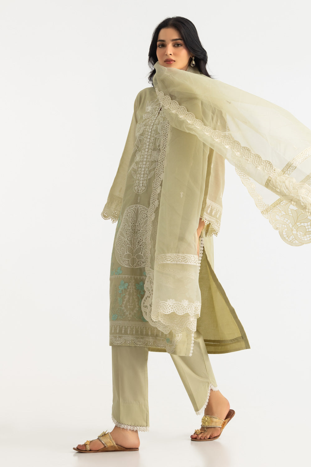 3PC Paper Cotton Embroidered Suit