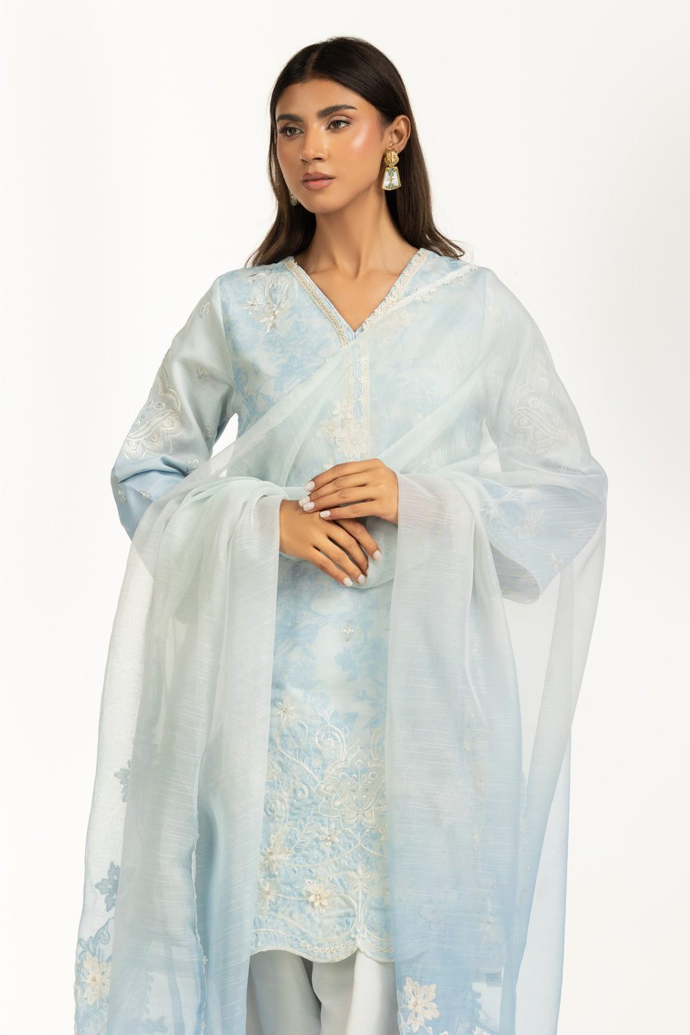 3PC Poly Slub Printed Suit With Embroidered