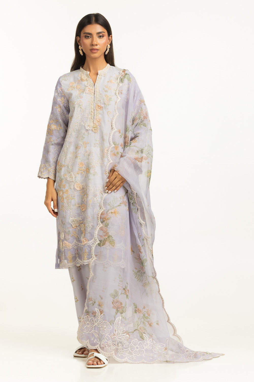 3PC Poly Slub Printed Suit With Embroidered
