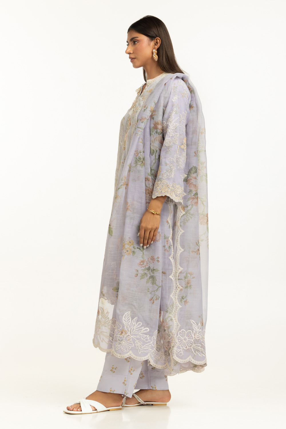 3PC Poly Slub Printed Suit With Embroidered