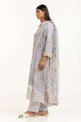 3PC Poly Slub Printed Suit With Embroidered