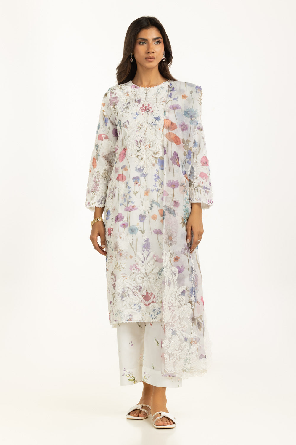 3PC Poly Slub Printed Suit With Embroidered