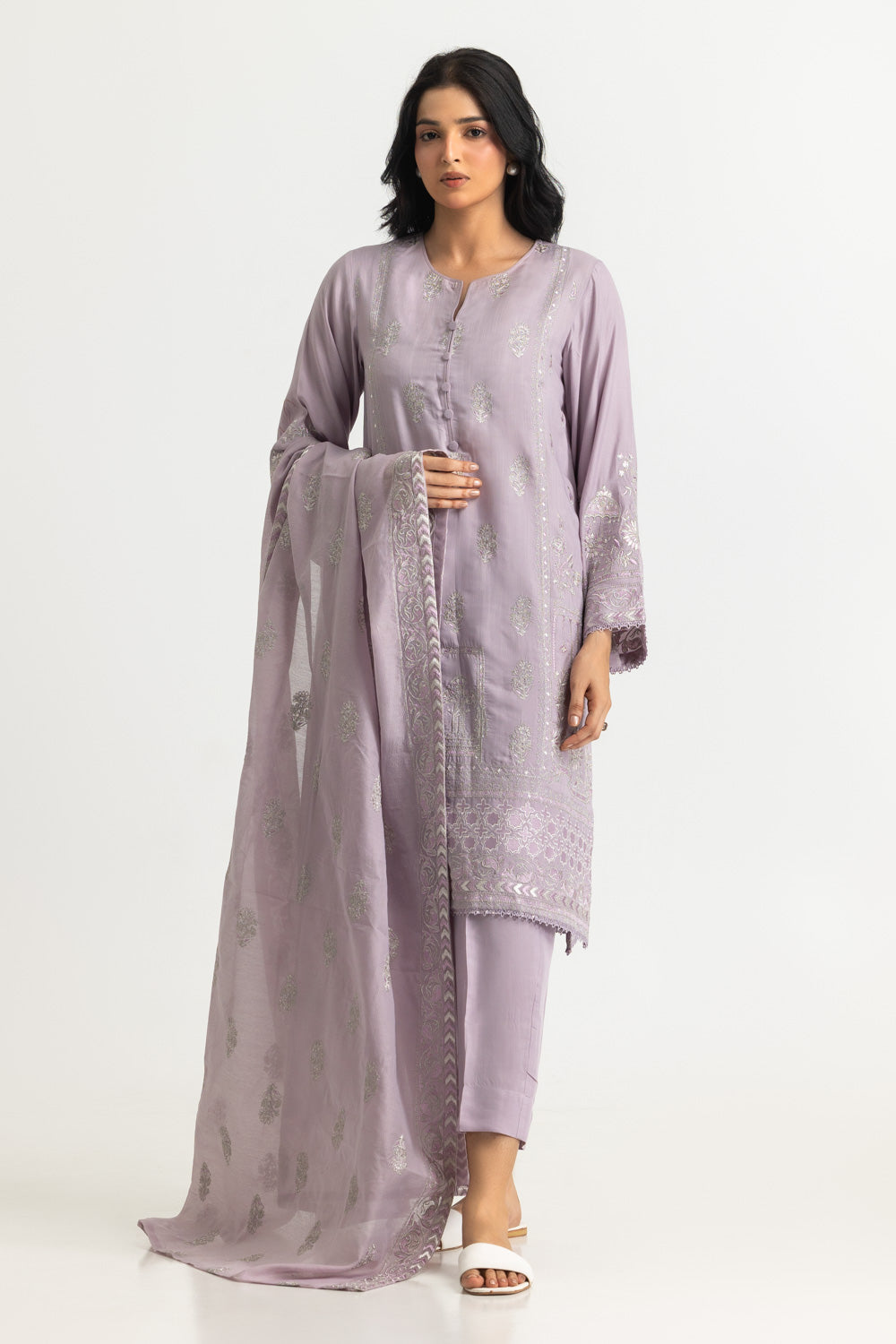3PC Raw Silk Embroidered Suit With Shimmer Embroidered Dupatta