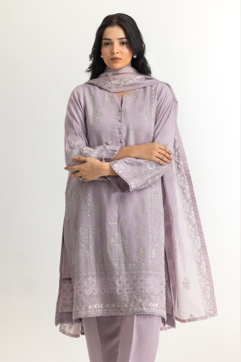 3PC Raw Silk Embroidered Suit With Shimmer Embroidered Dupatta