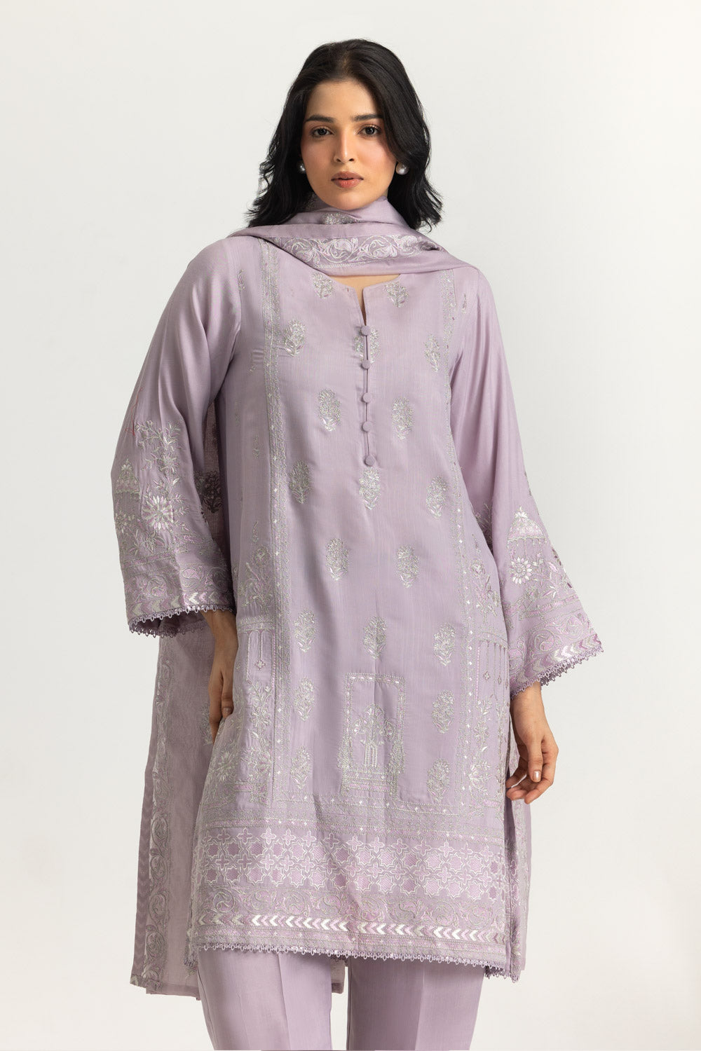 3PC Raw Silk Embroidered Suit With Shimmer Embroidered Dupatta