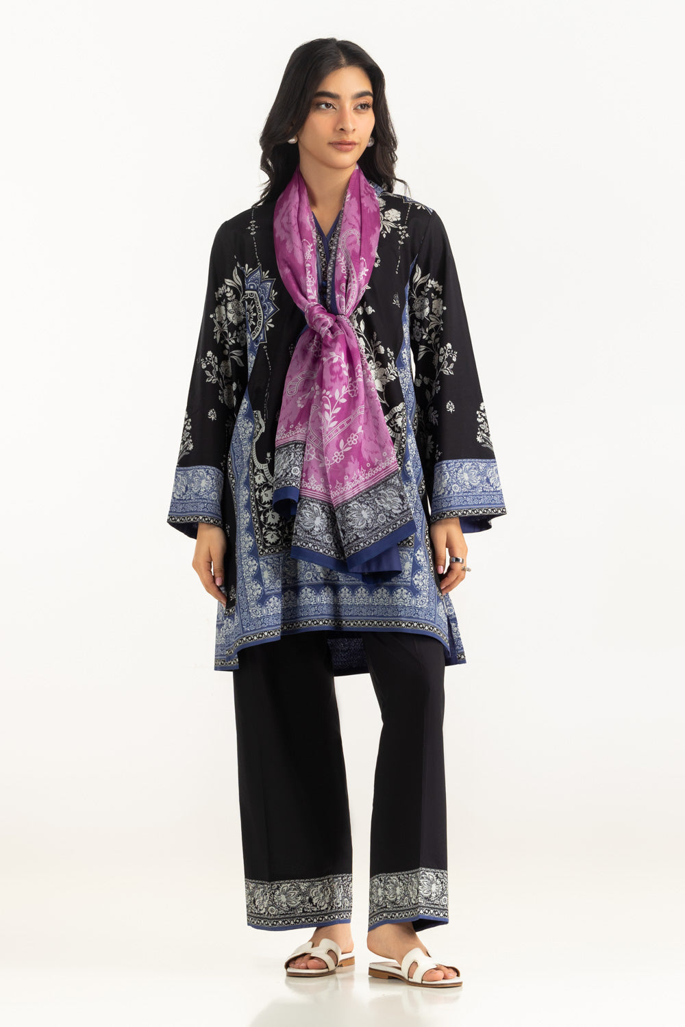 3Pc Cambric Printed Shirt And Trouser With Printed Scarf