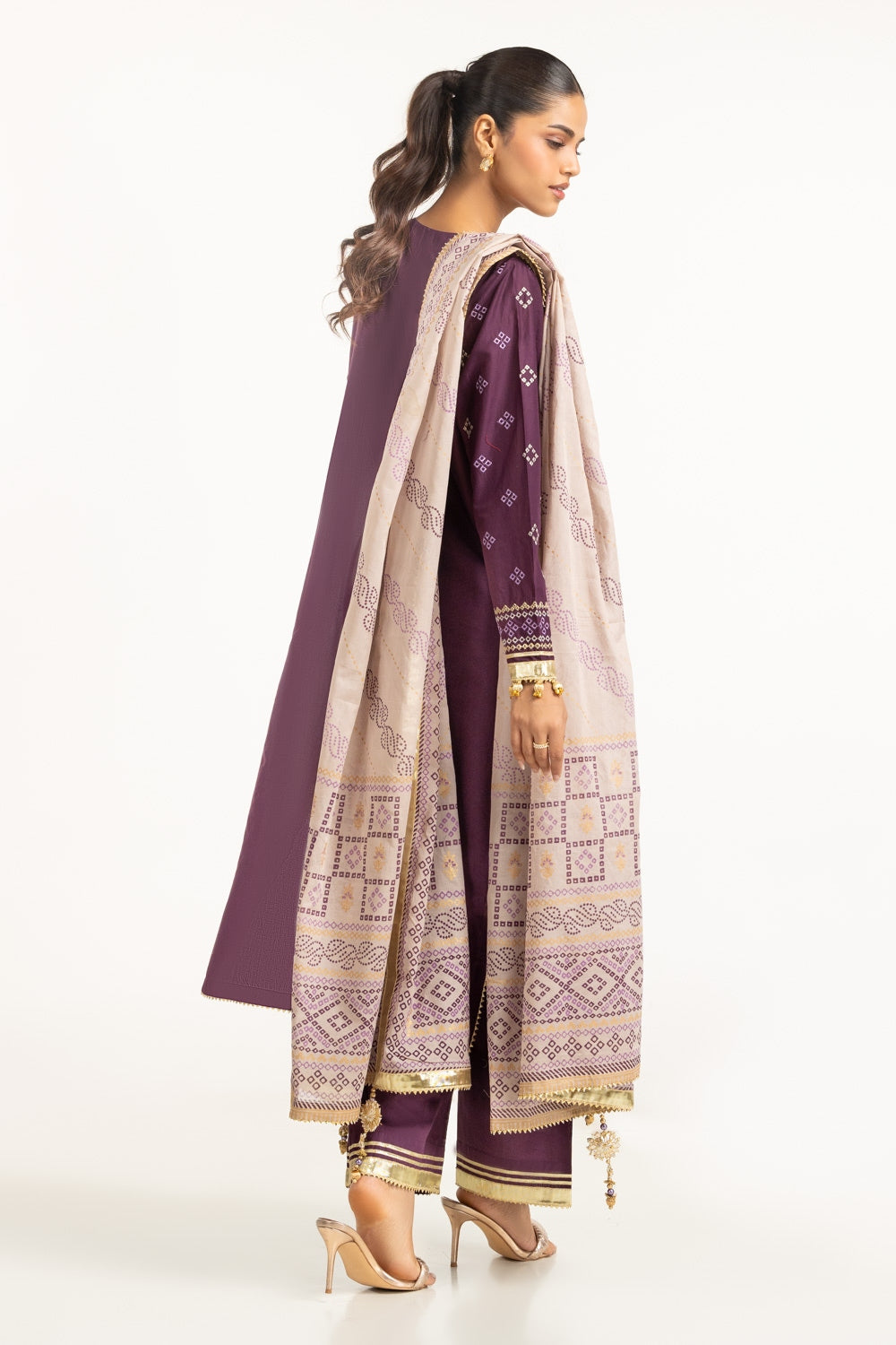 3PC Lawn Gold Printed Suit With Embroidered