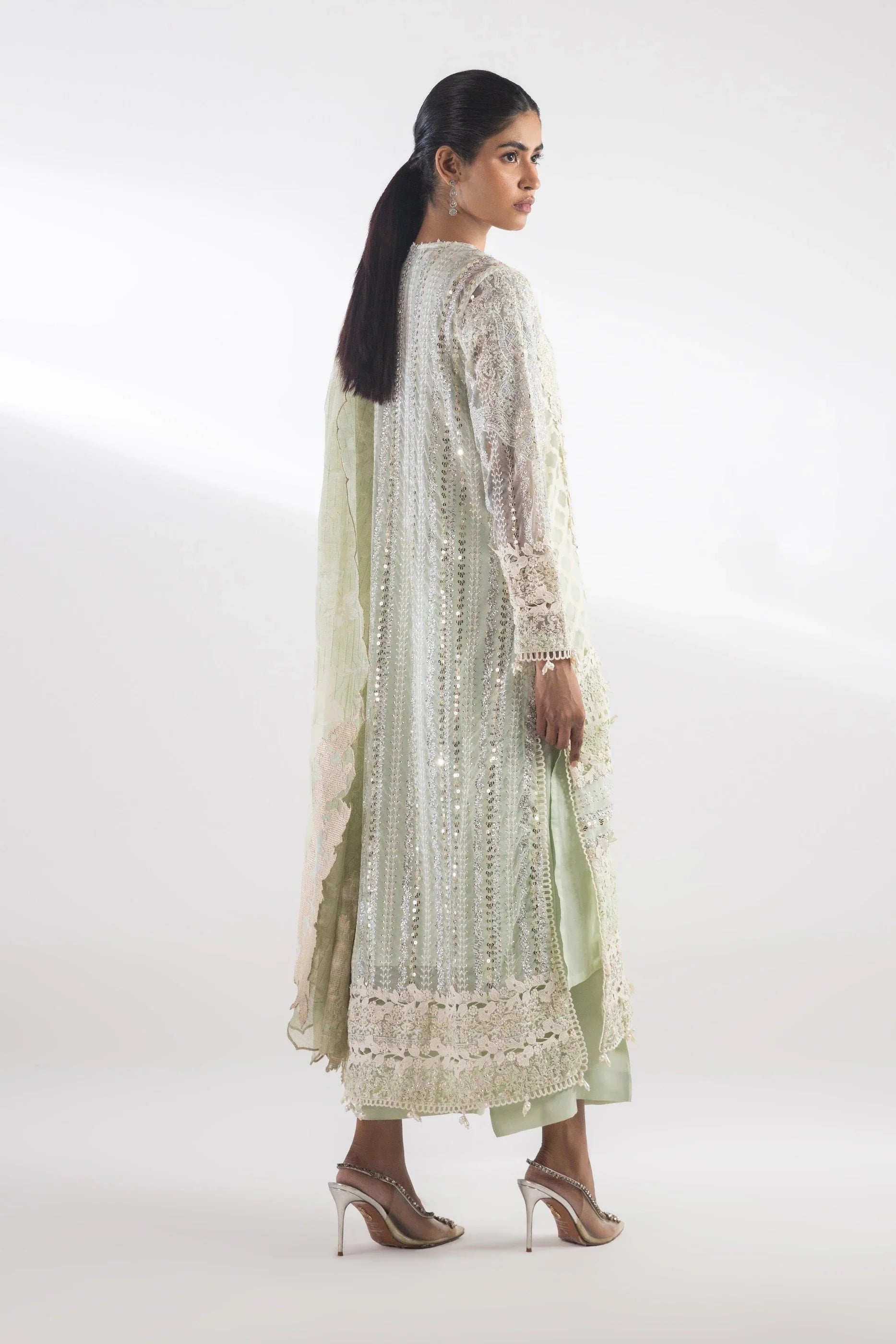 Stitched Embroidered Net Shirt + Bottom