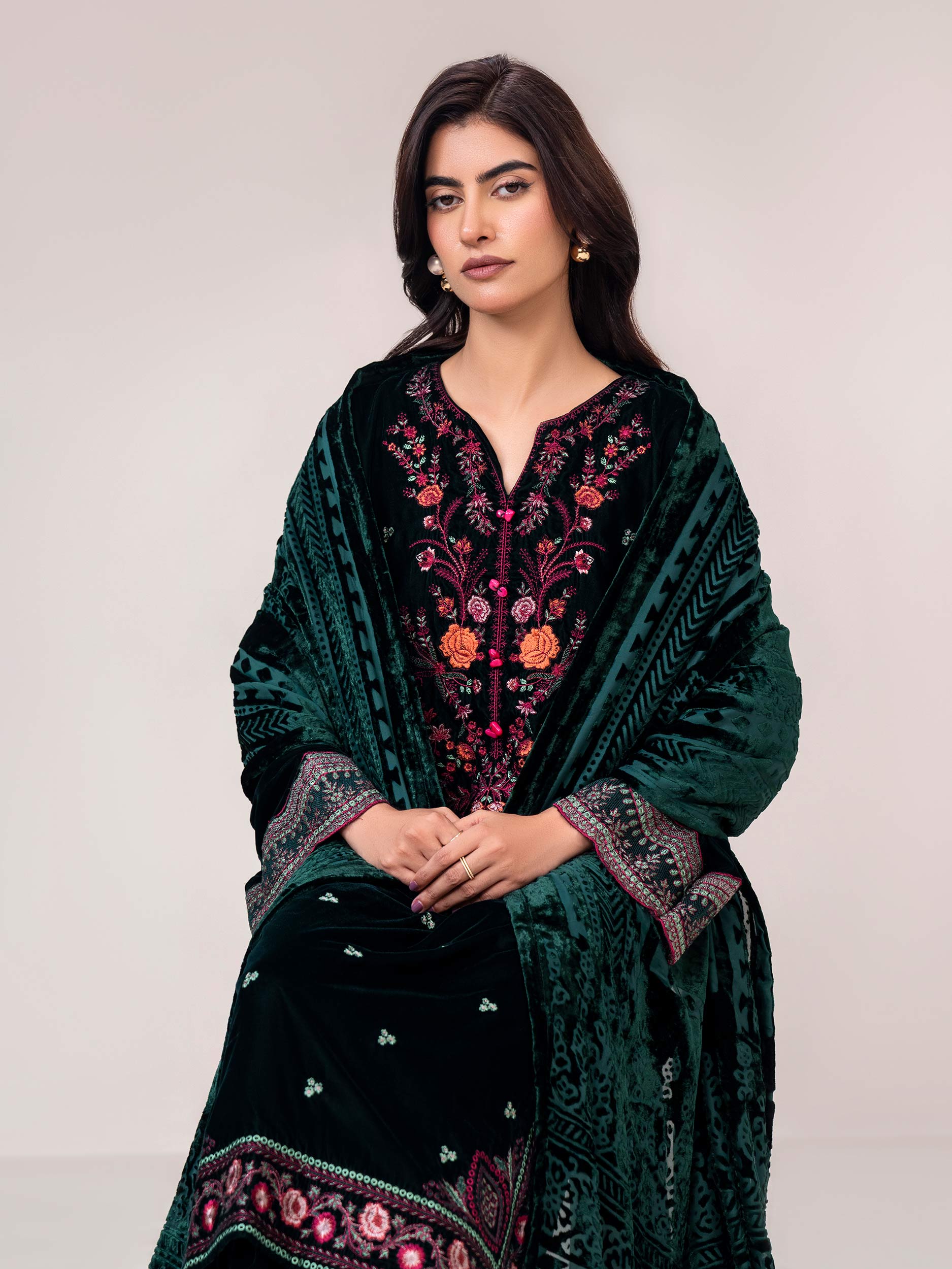 3 Piece Velvet Suit- Embroidered (Pret)