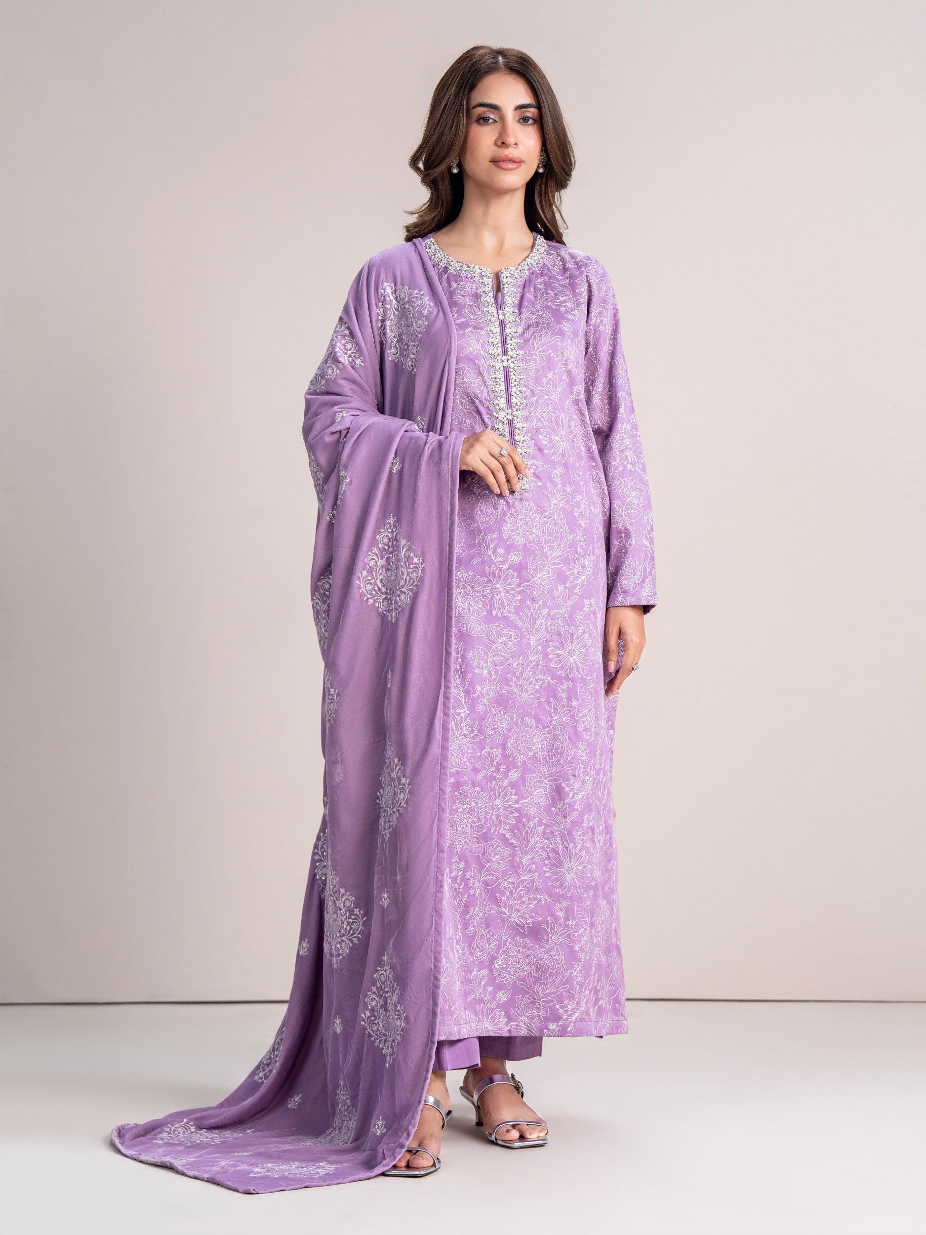 3 Piece Satin Suit- Embroidered (Pret)
