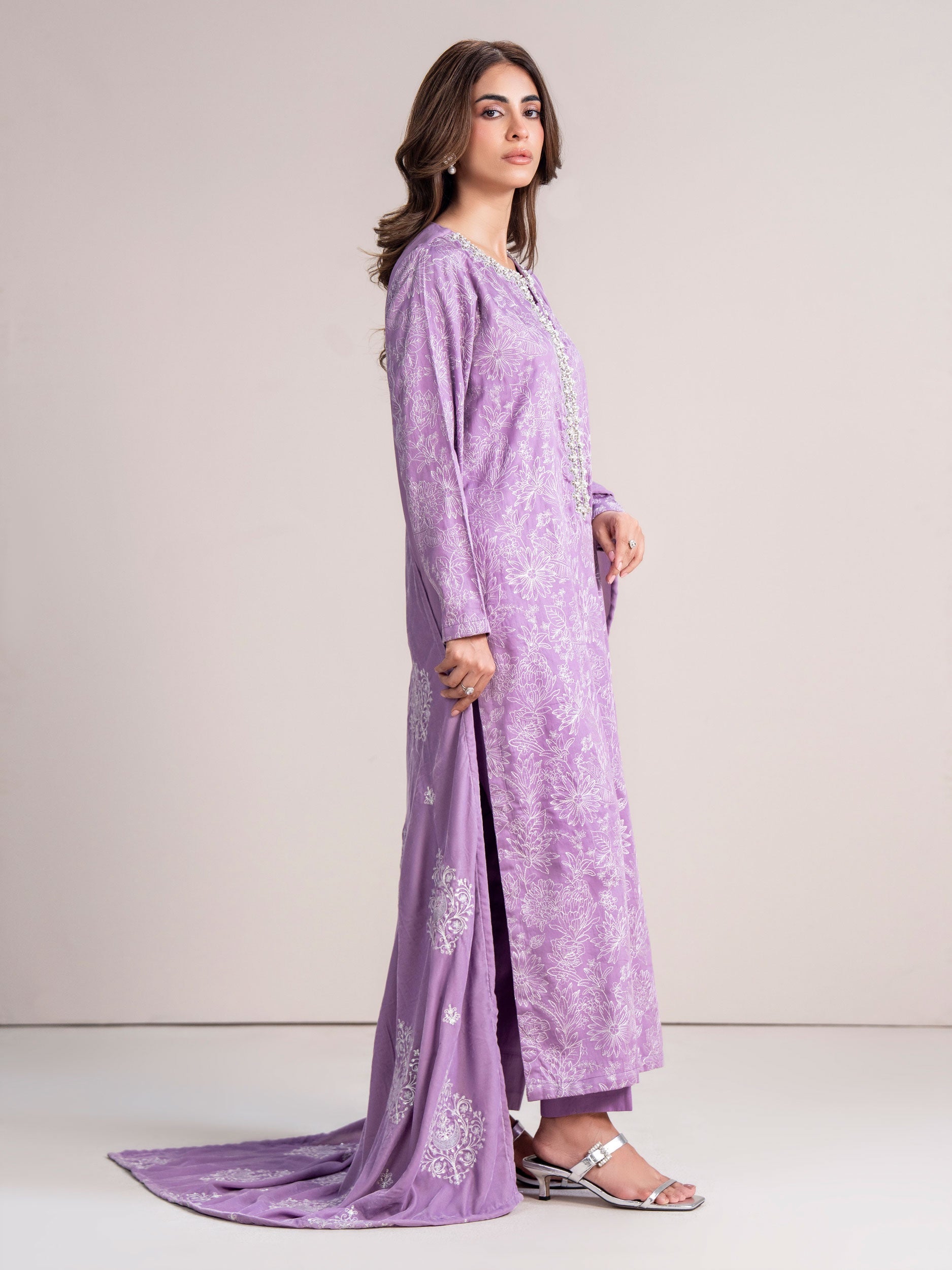 3 Piece Satin Suit- Embroidered (Pret)