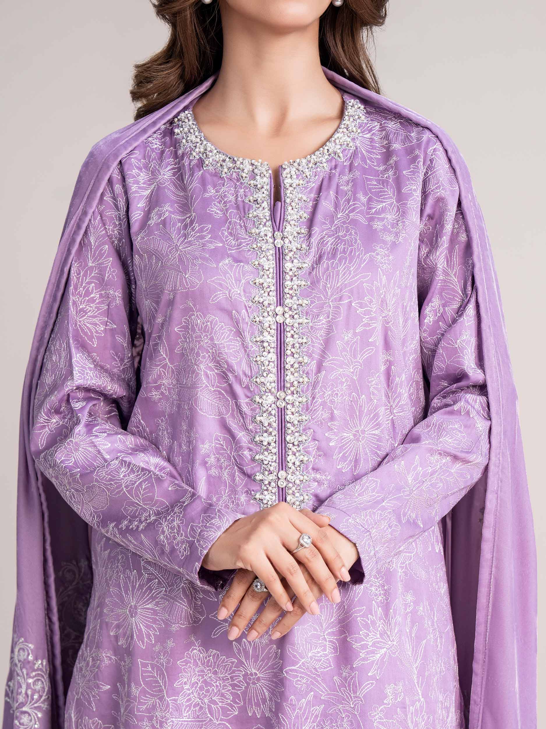 3 Piece Satin Suit- Embroidered (Pret)