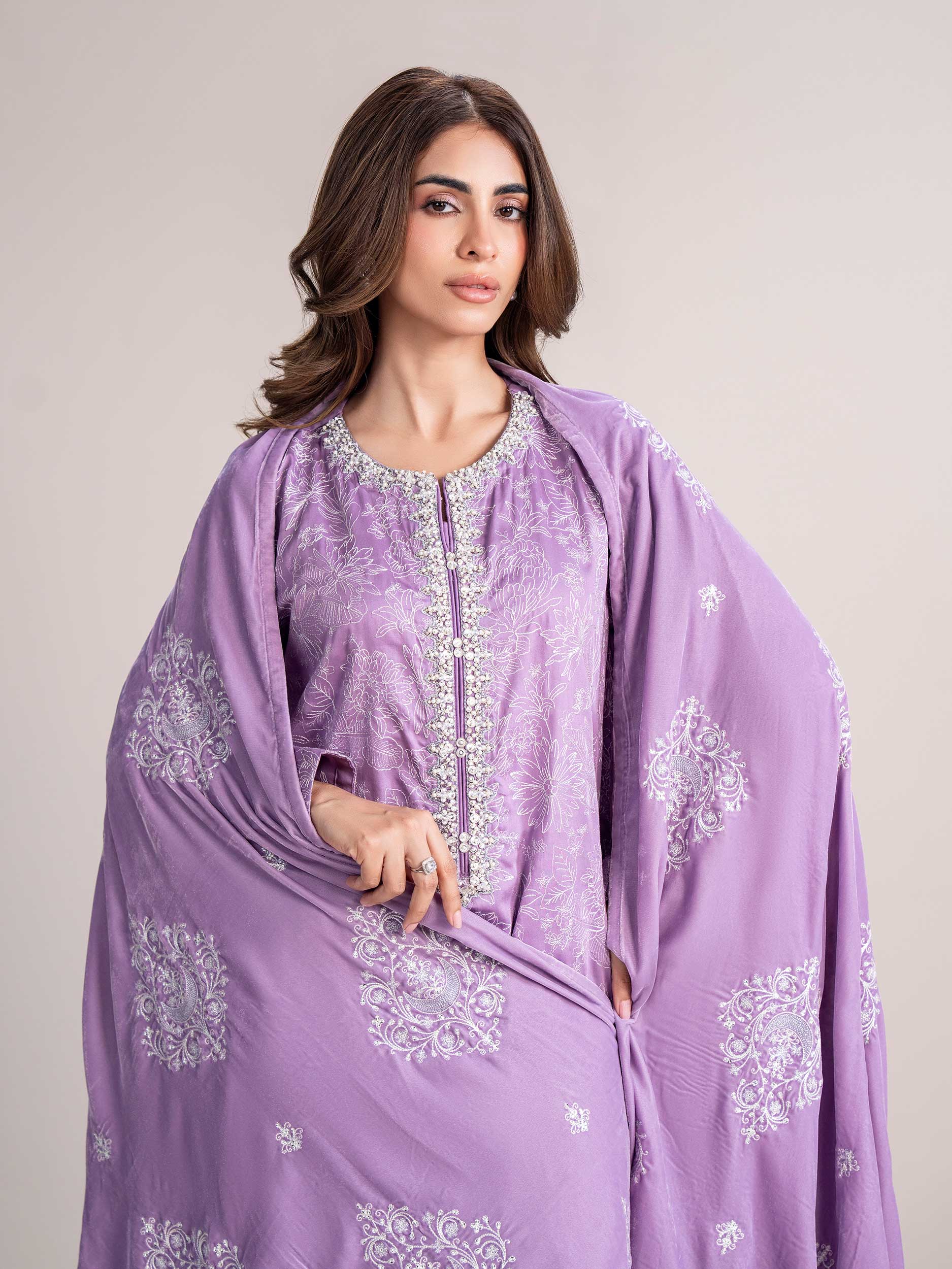 3 Piece Satin Suit- Embroidered (Pret)