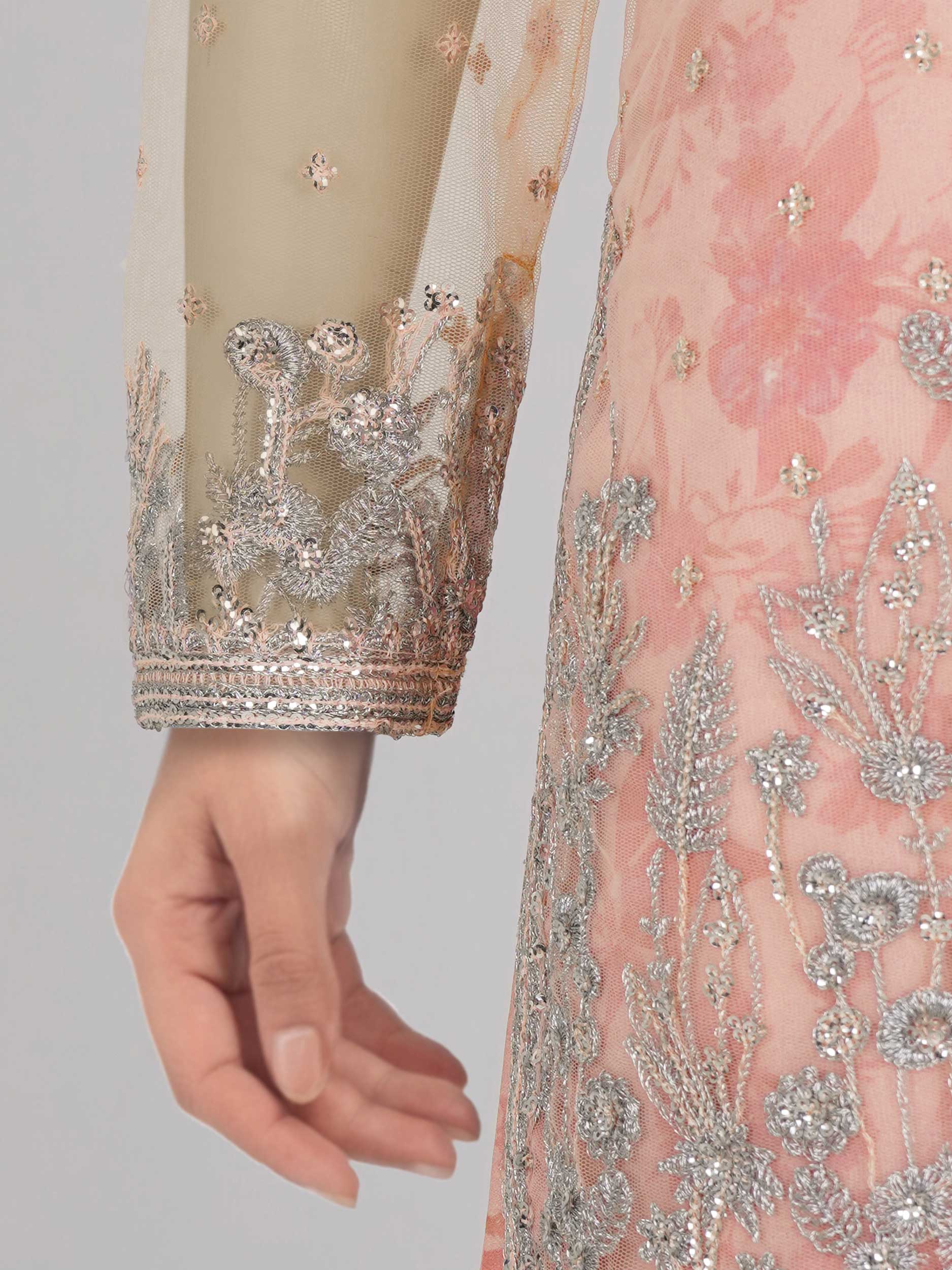 2 Piece Poly Net Suit- Embroidered (Pret)