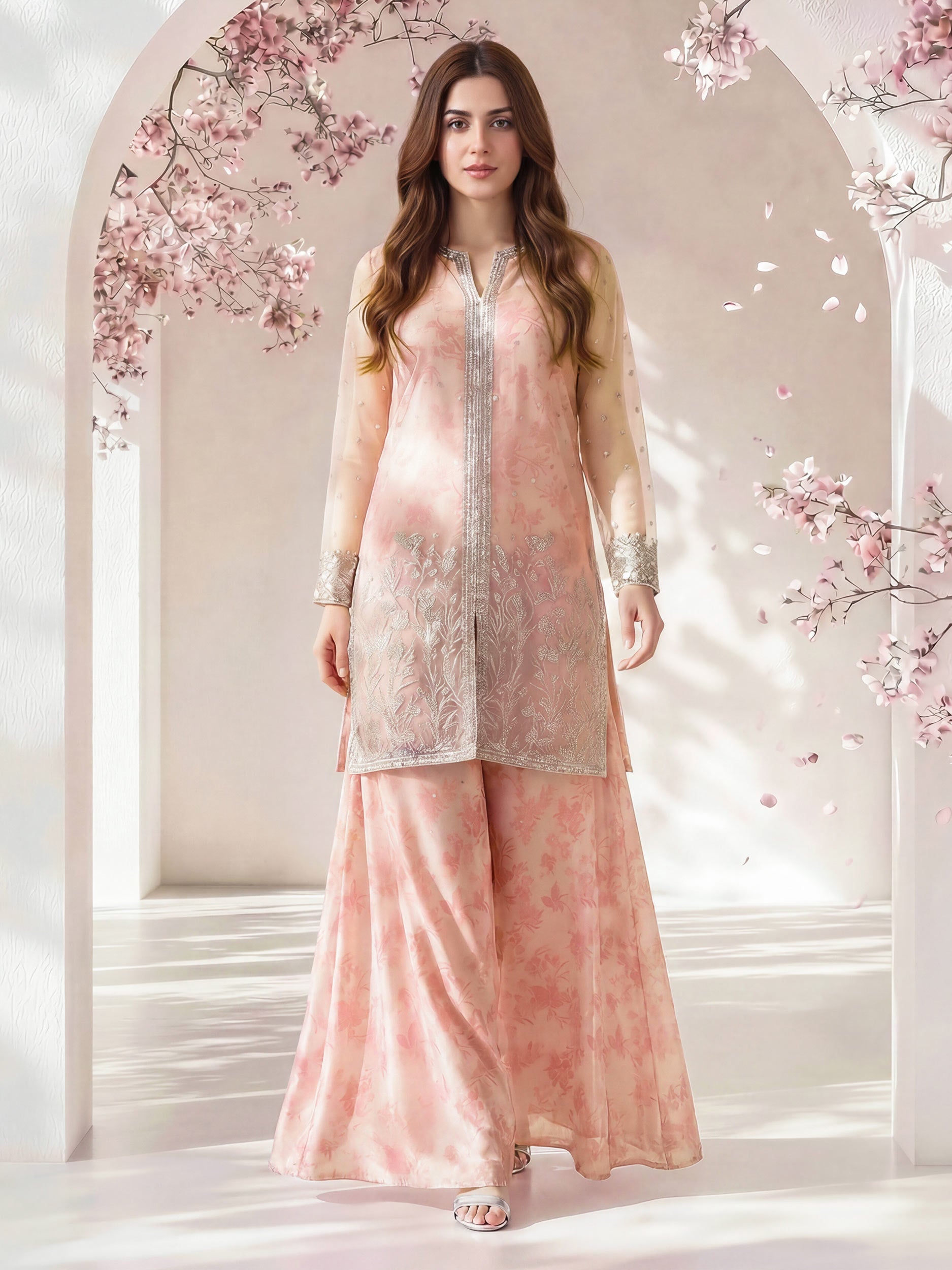 2 Piece Poly Net Suit- Embroidered (Pret)