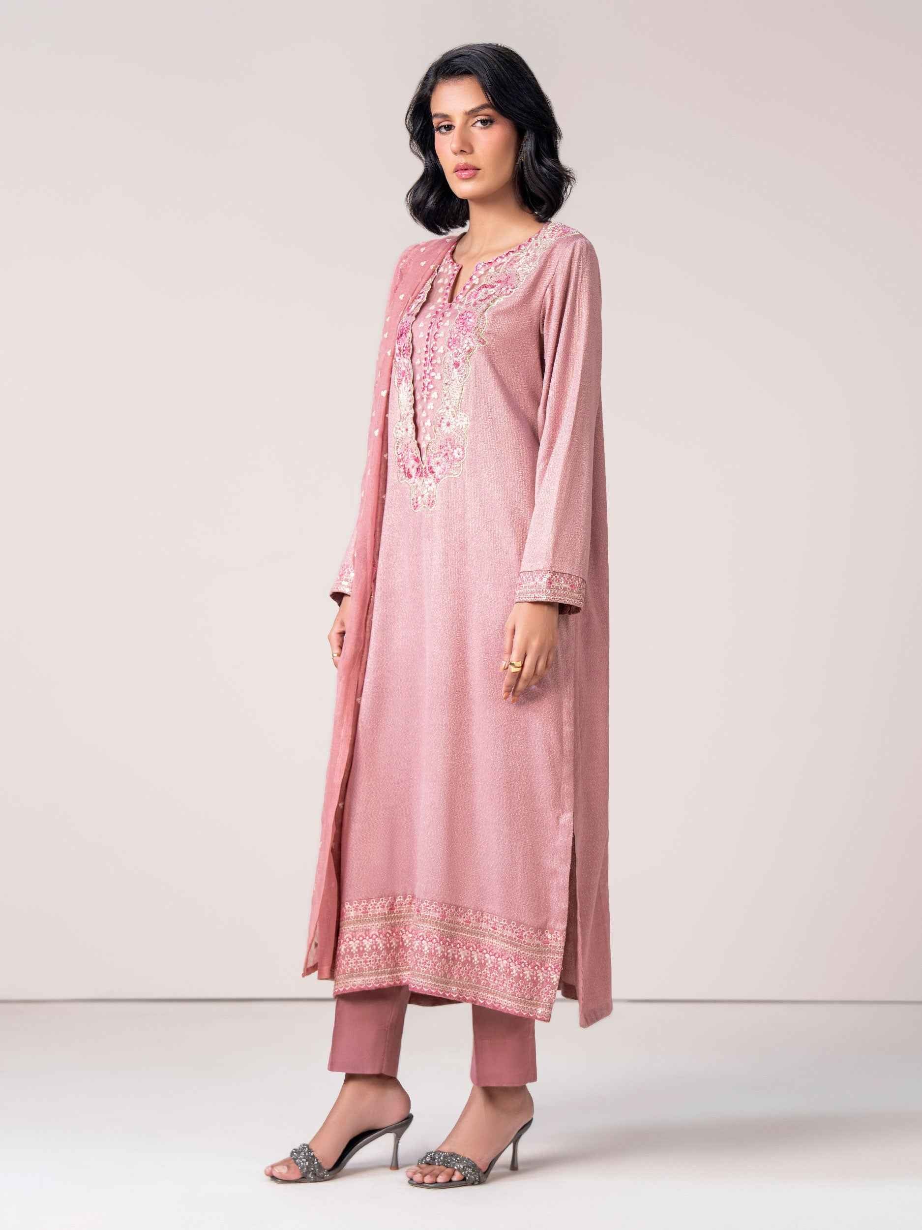 3 Piece Zari Karandi Suit- Embroidered (Pret)