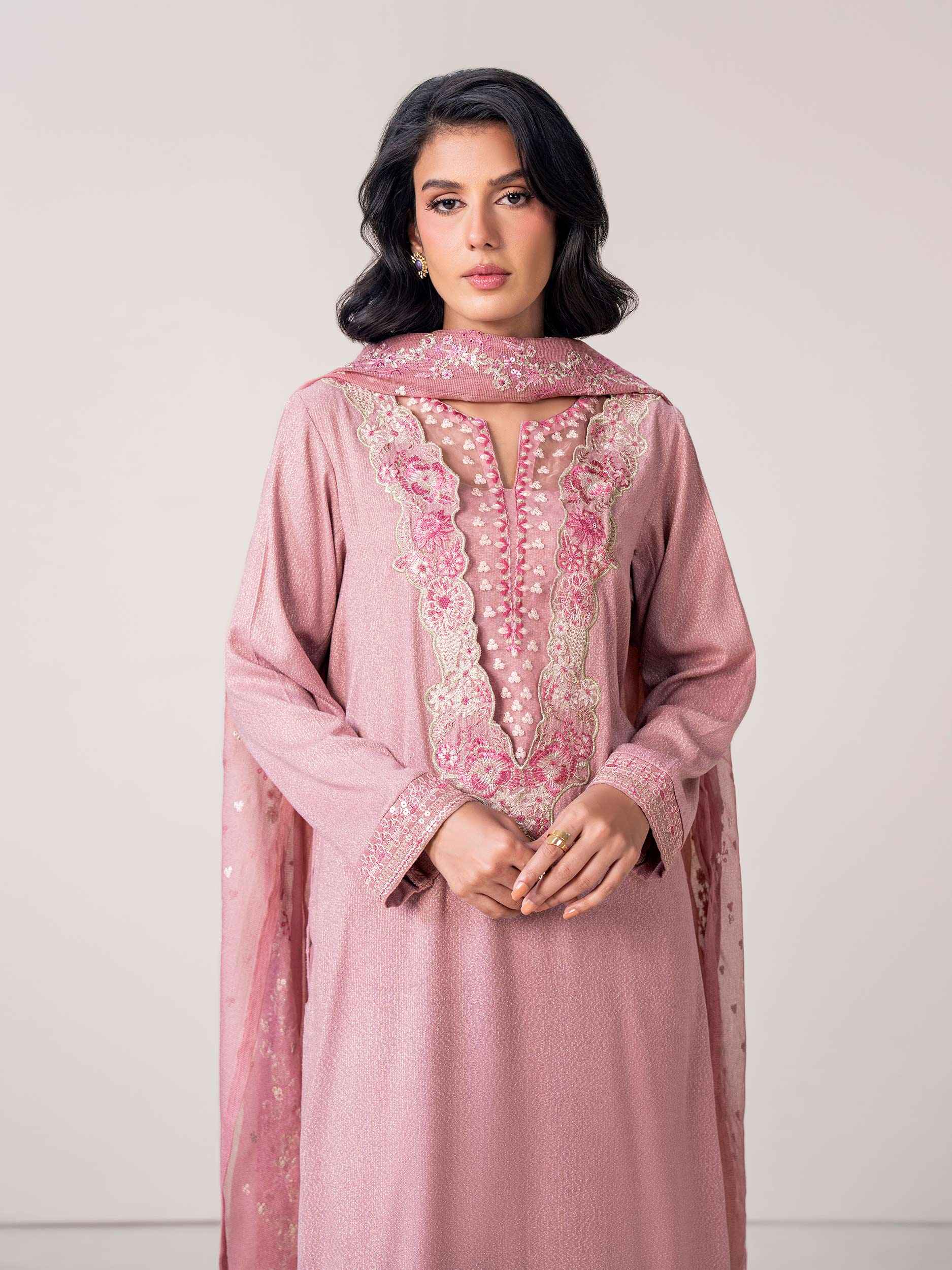 3 Piece Zari Karandi Suit- Embroidered (Pret)