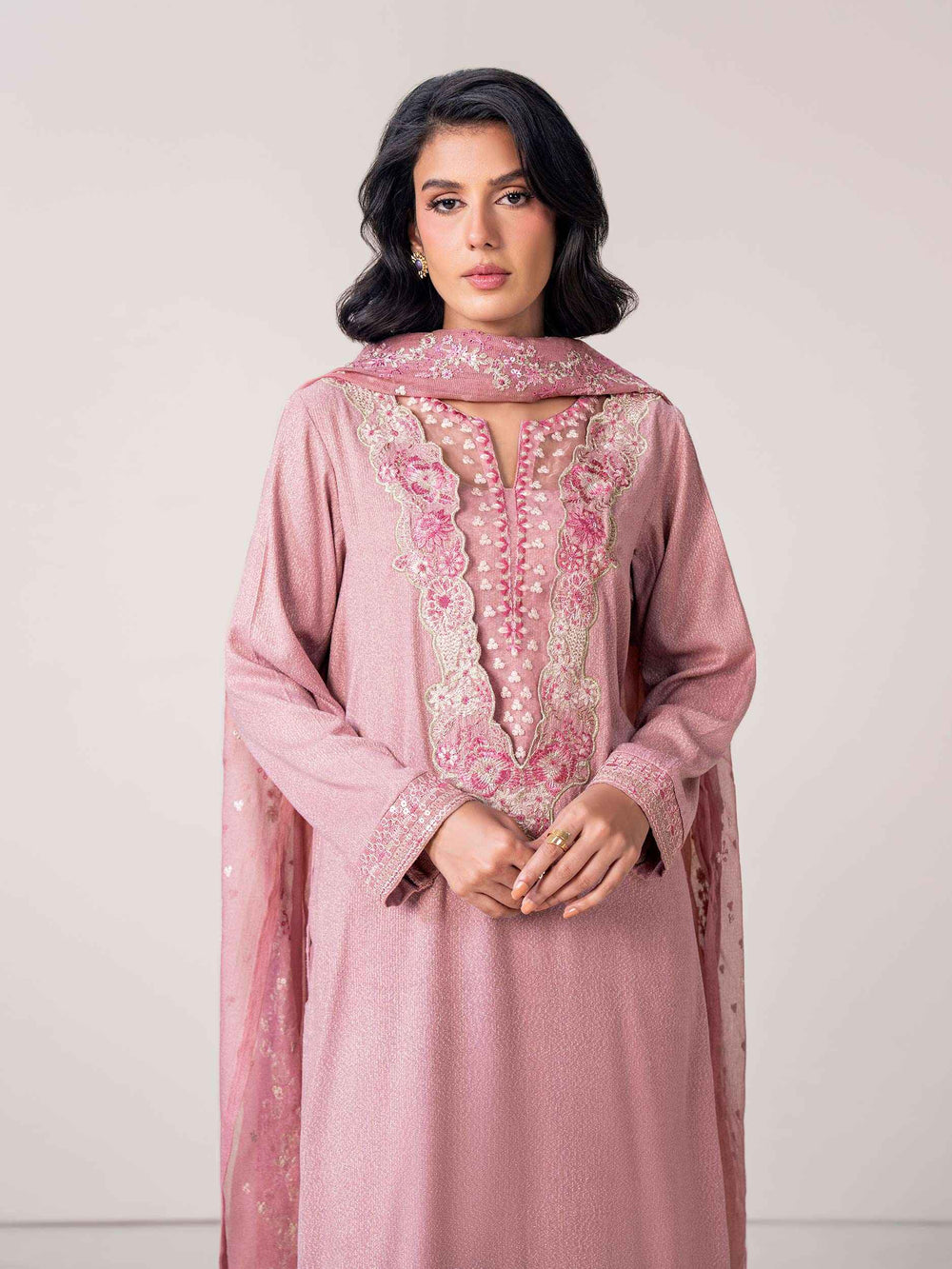 3 Piece Zari Karandi Suit- Embroidered (Pret)