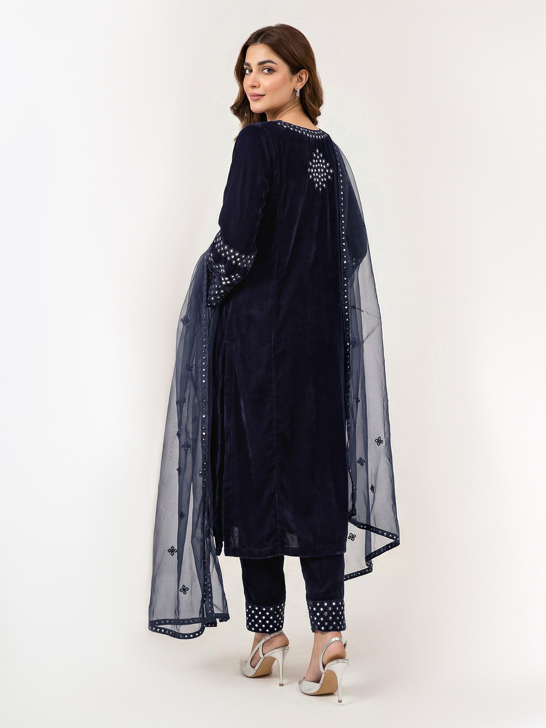 3 Piece Velvet Suit- Embroidered (Pret)