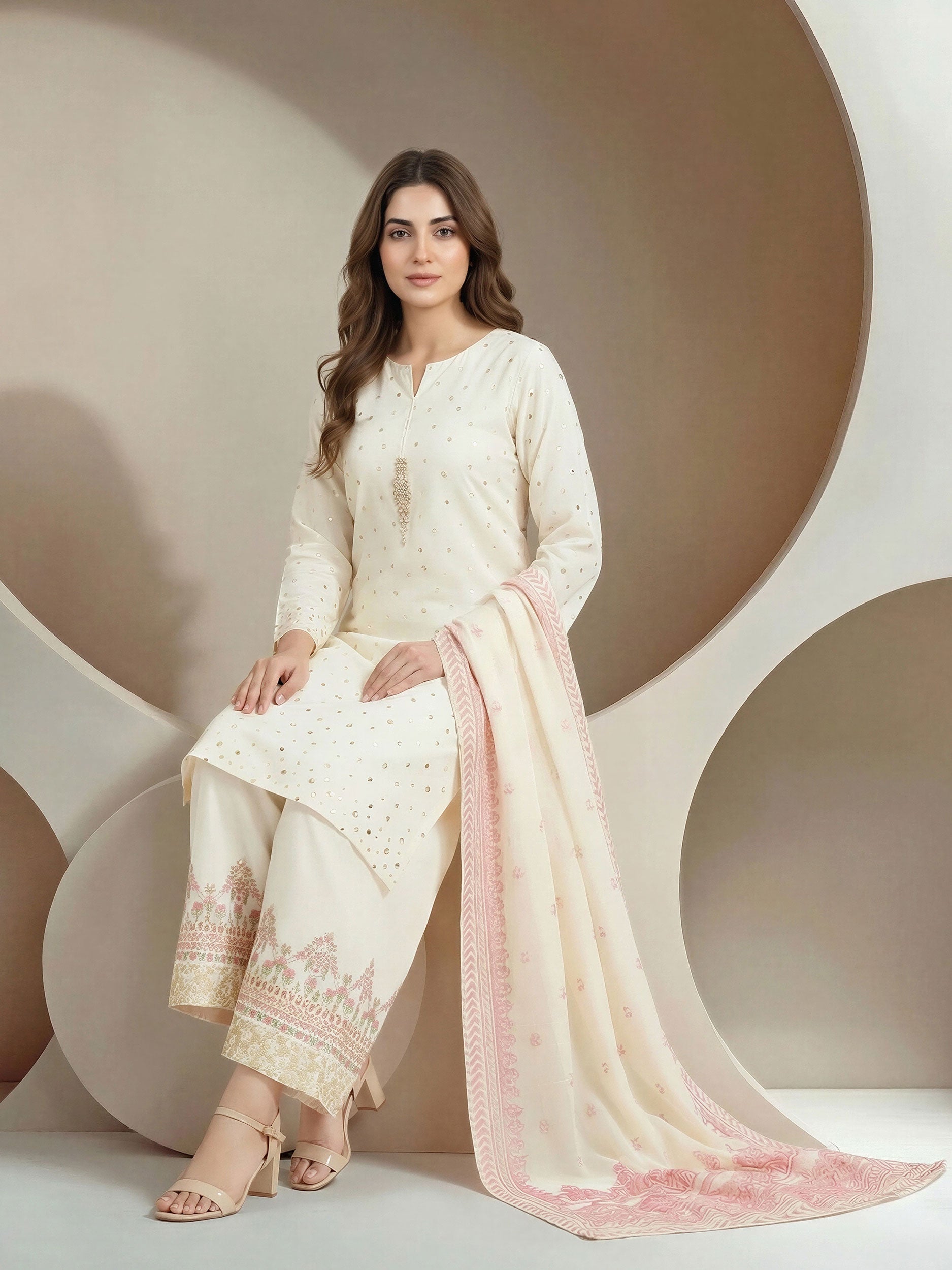 3 Piece Dobby Jacquard Suit- Embroidered (Pret)
