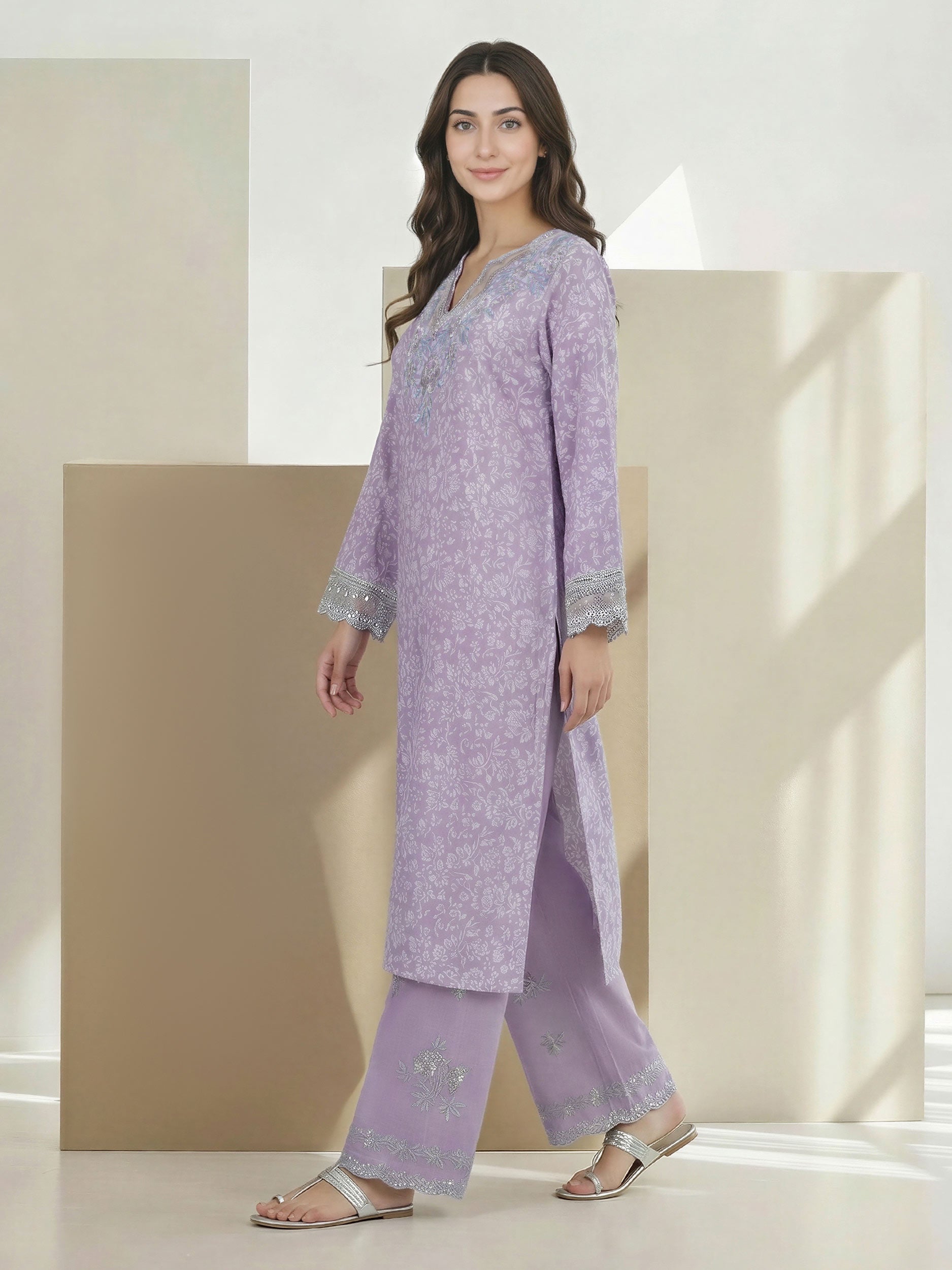 2 Piece Self Jacquard Suit- Embroidered (Pret)