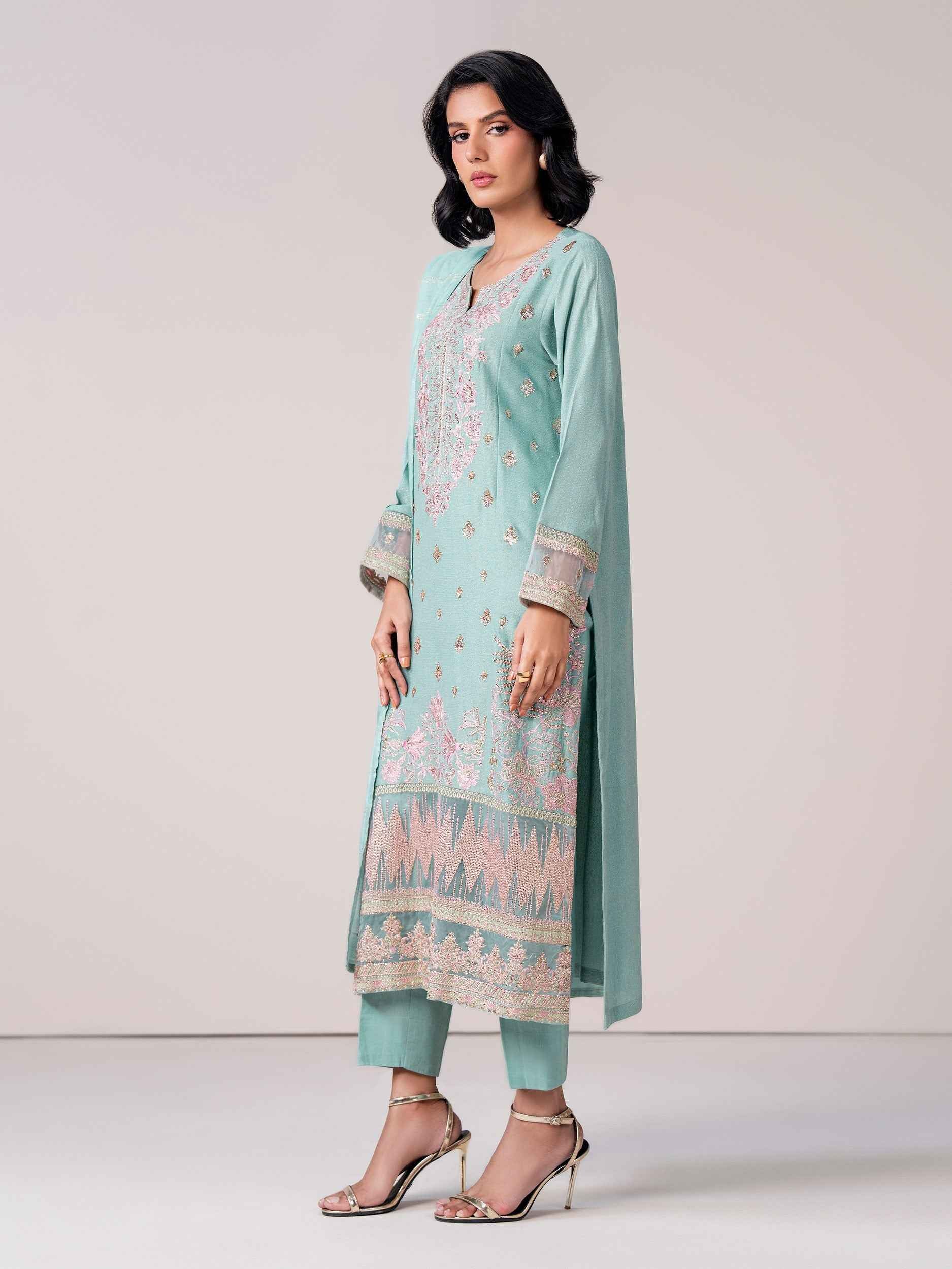 3 Piece Zari Karandi Suit- Embroidered (Pret)