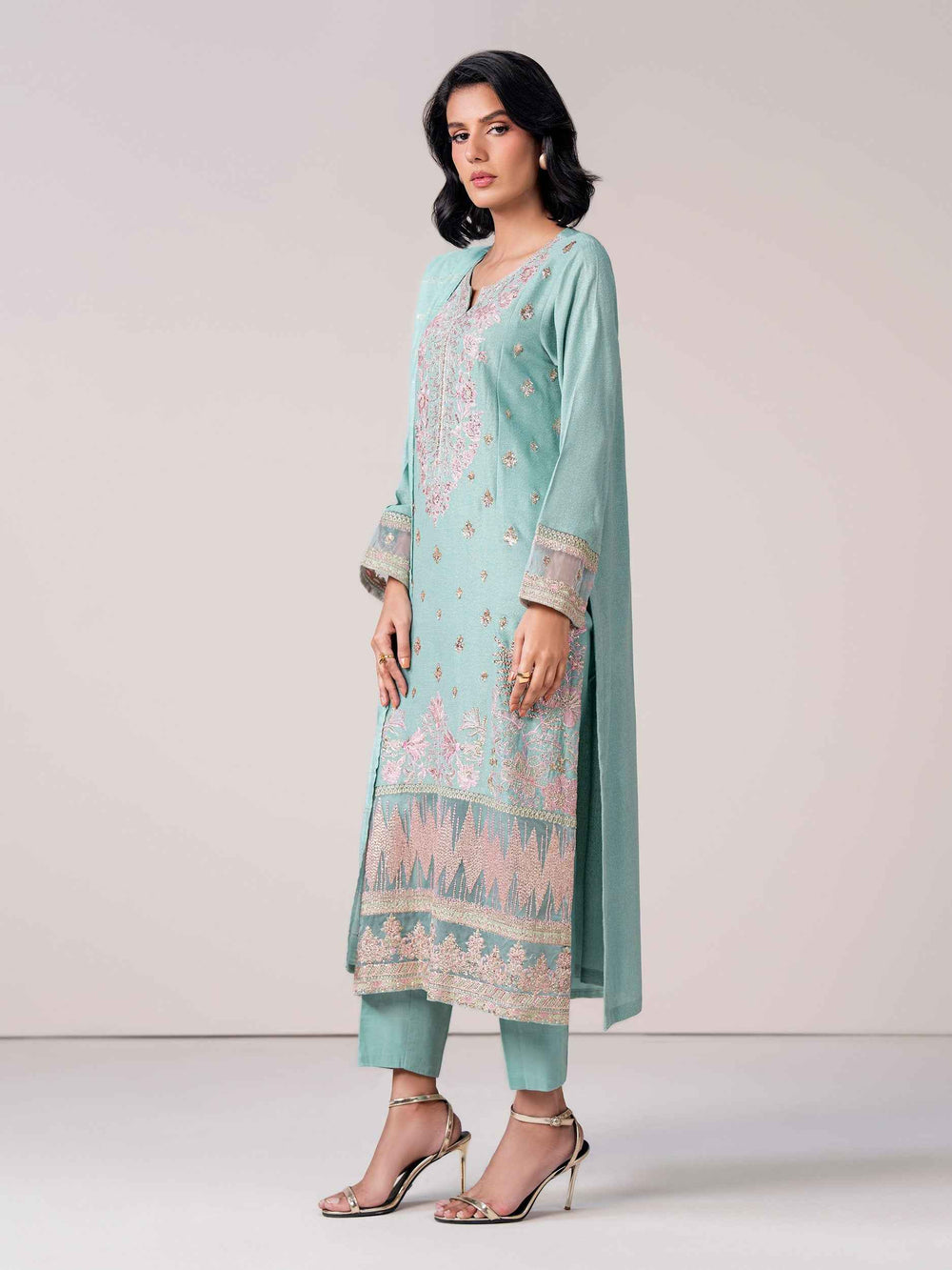 3 Piece Zari Karandi Suit- Embroidered (Pret)