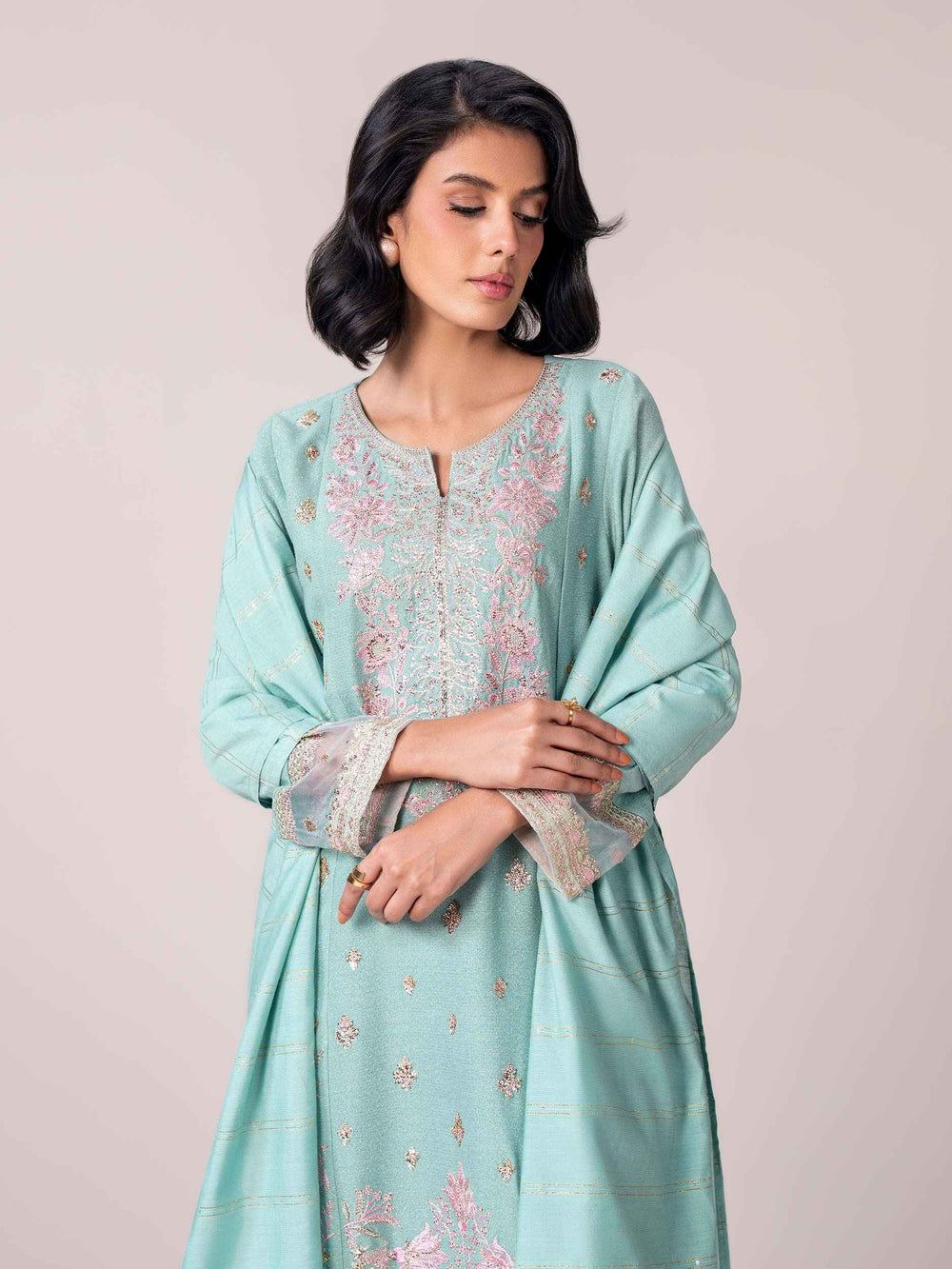 3 Piece Zari Karandi Suit- Embroidered (Pret)