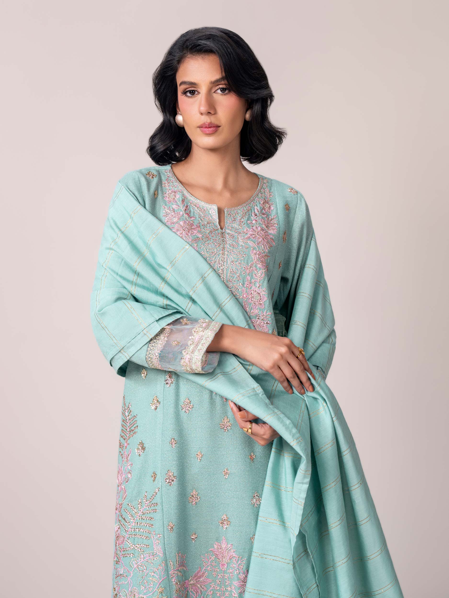 3 Piece Zari Karandi Suit- Embroidered (Pret)