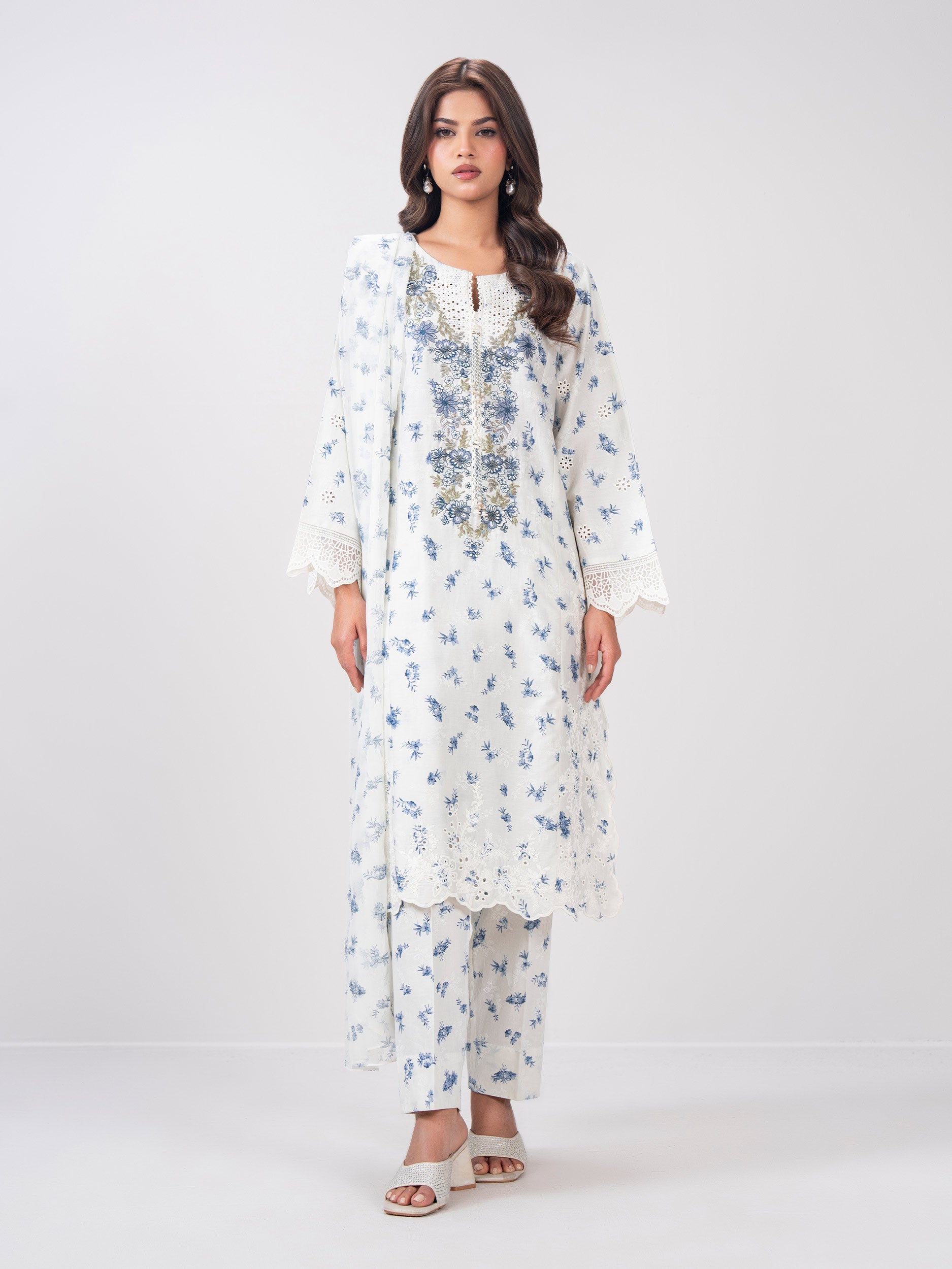 3 Piece Satin Suit- Embroidered (Pret)