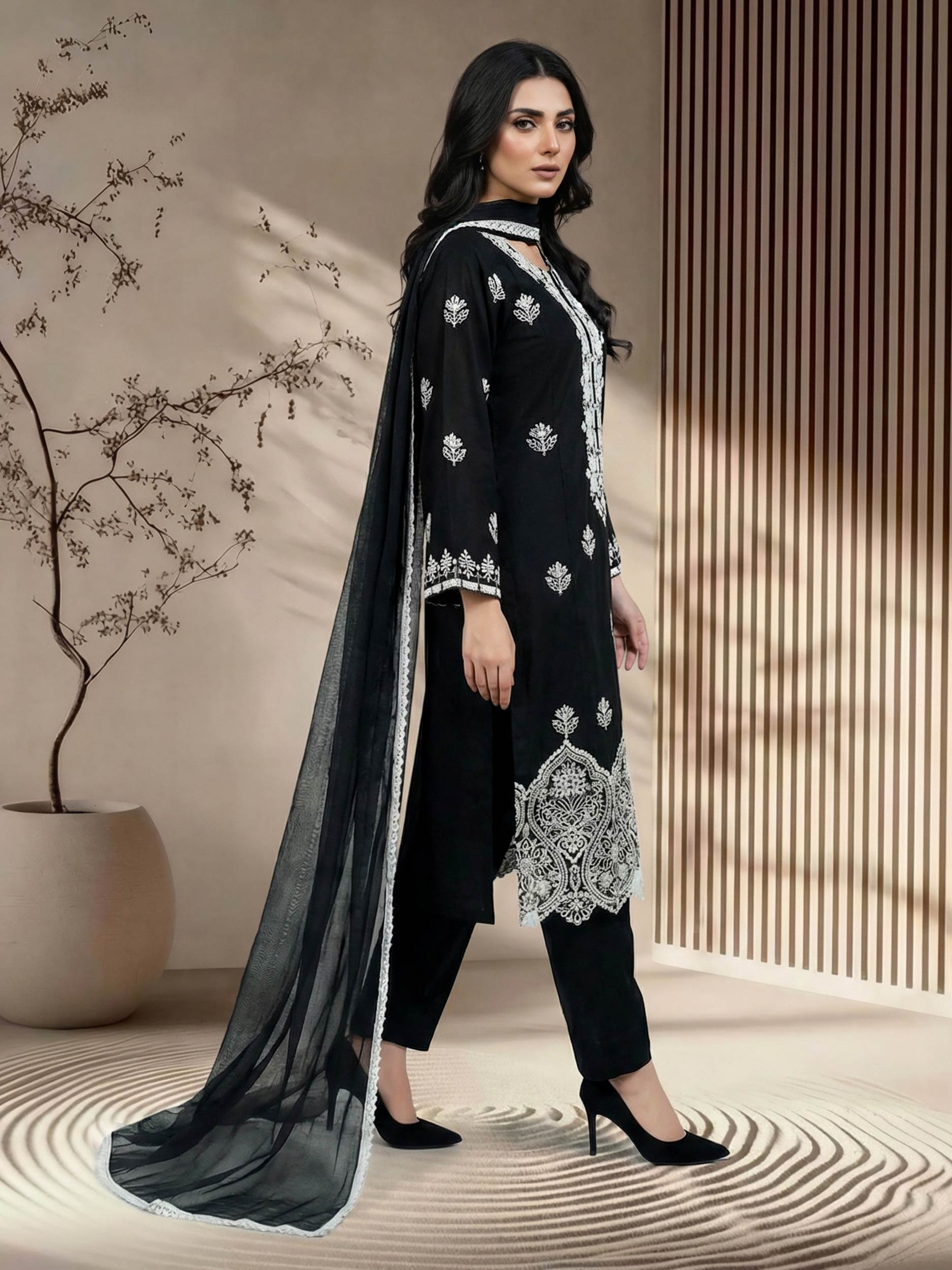 3 Piece Lawn Slub Suit- Embroidered (Pret)