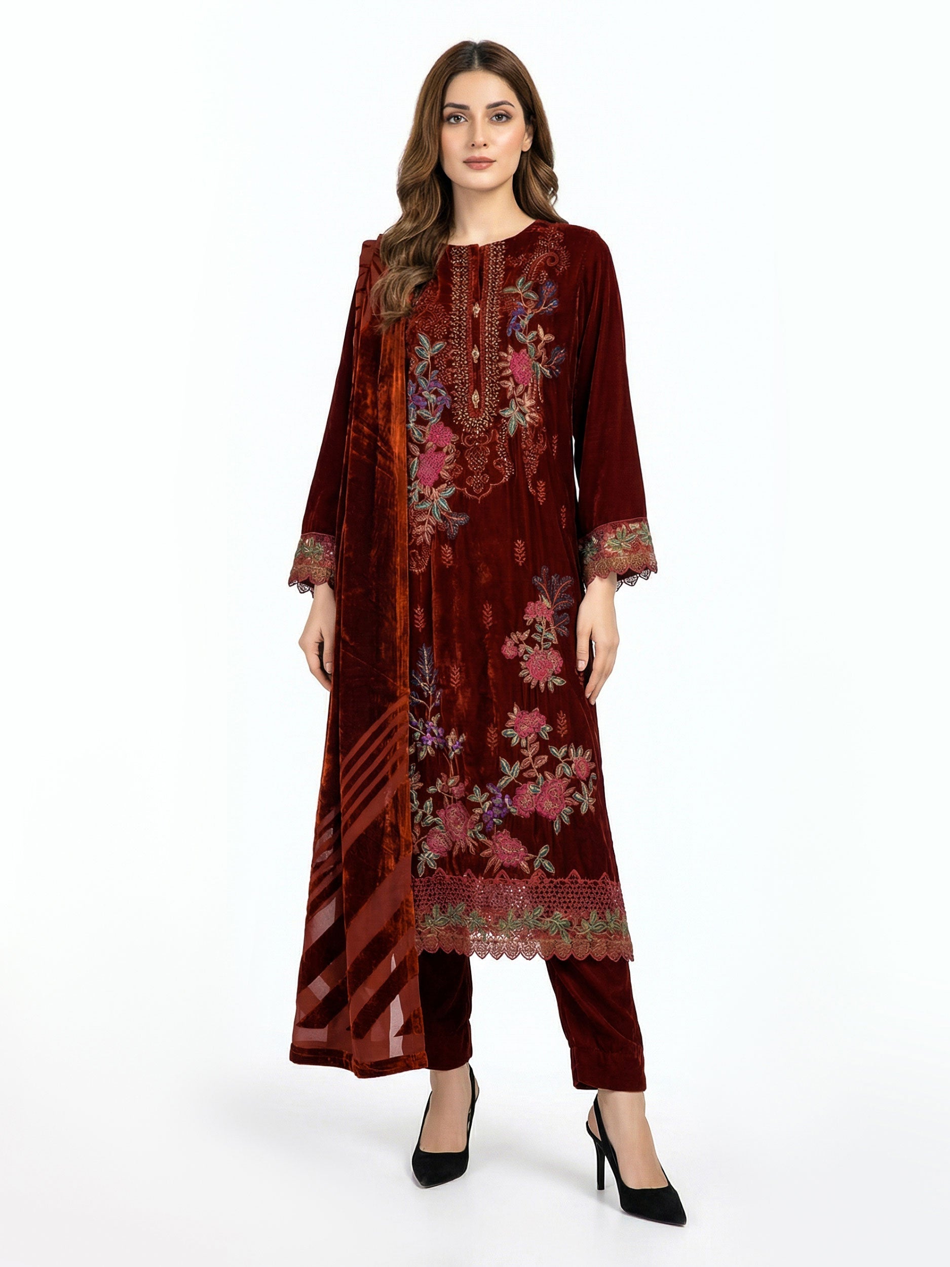 3 Piece Velvet Suit- Embroidered (Pret)