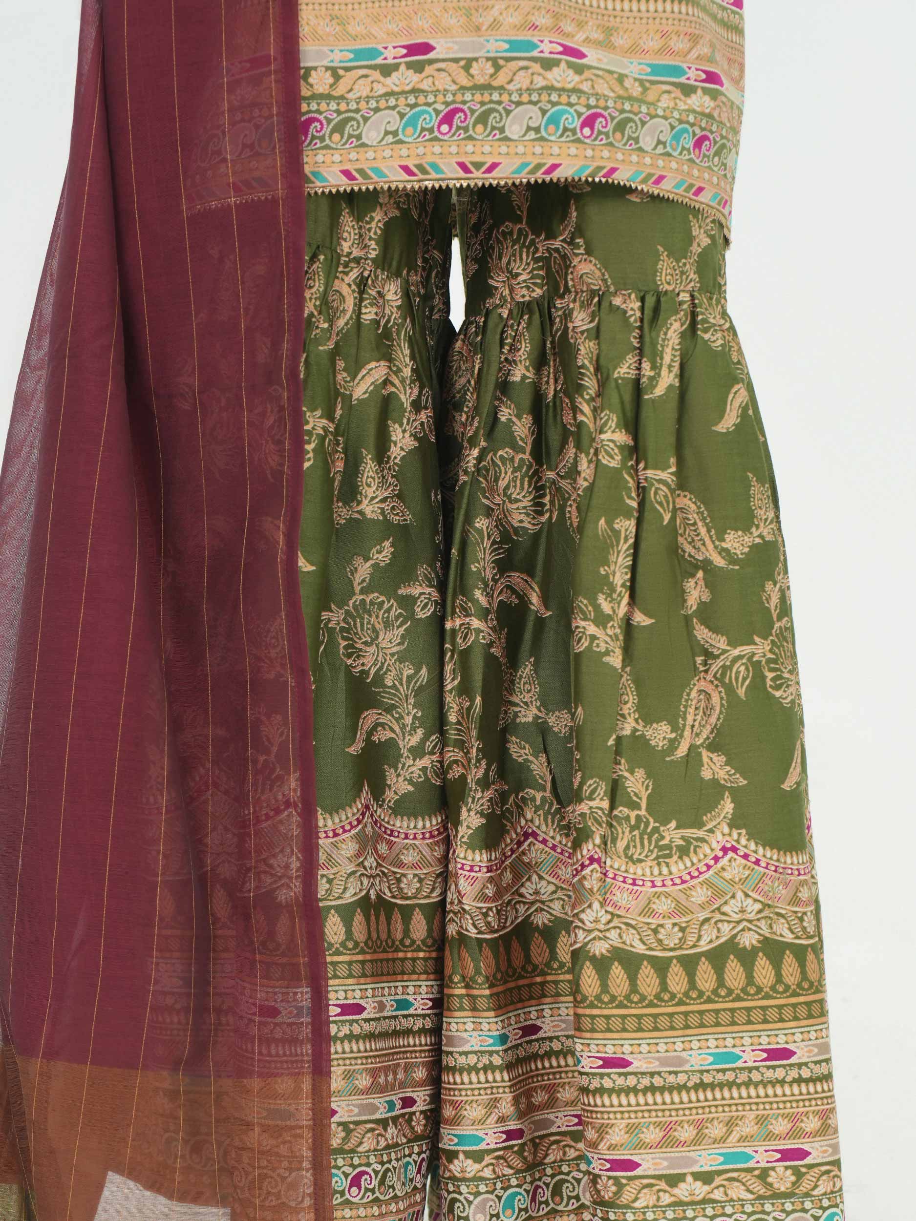 3 Piece Satin Suit- Embroidered (Pret)