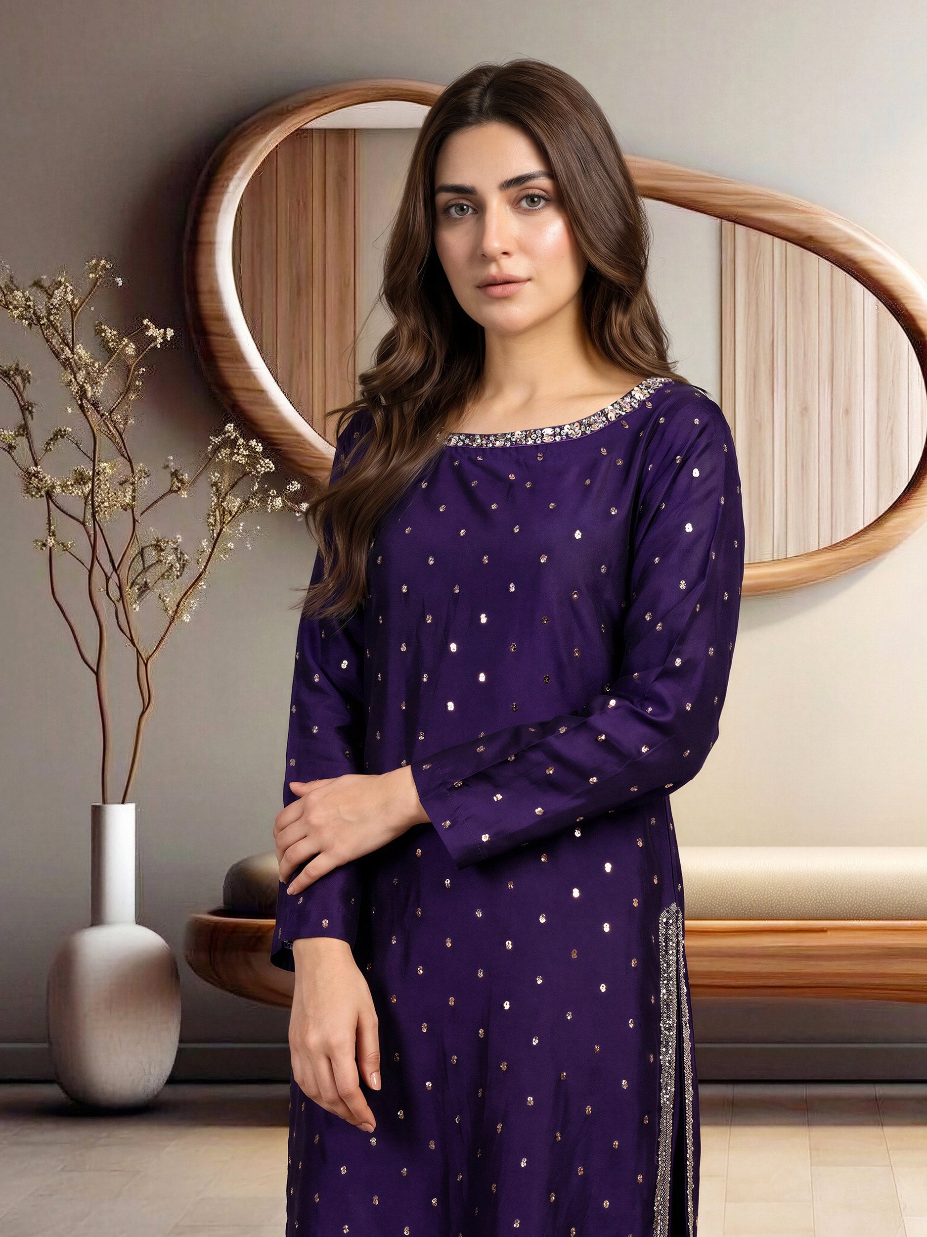 3 Piece Satin Suit- Embroidered (Pret)