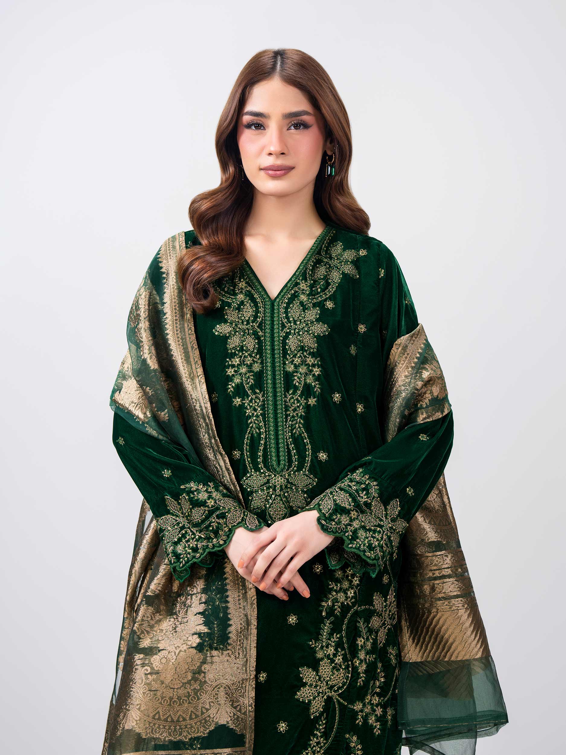 3 Piece Velvet Suit- Embroidered (Pret)