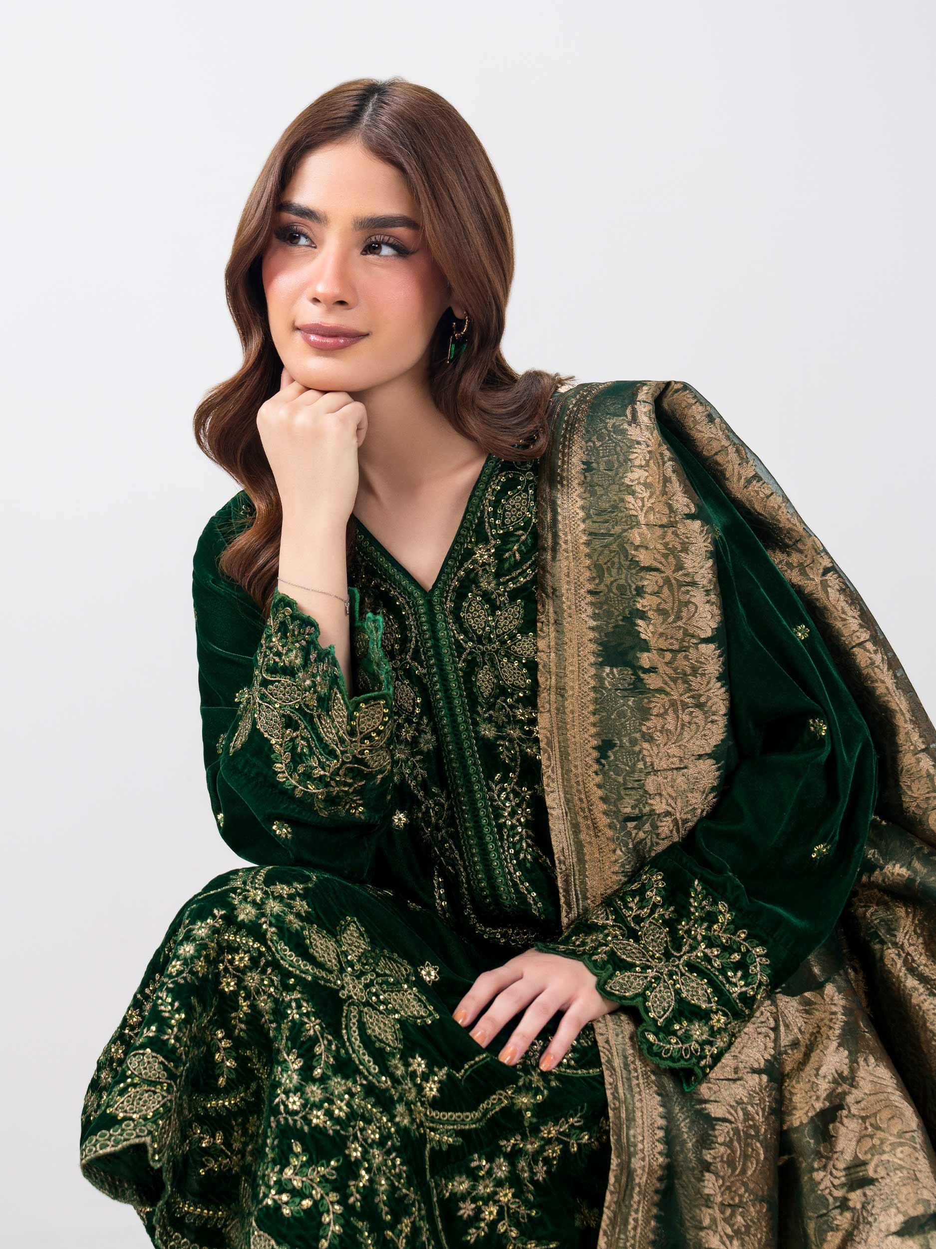 3 Piece Velvet Suit- Embroidered (Pret)