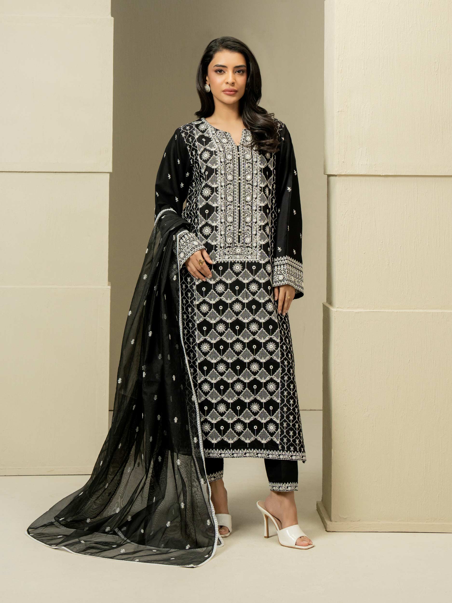 3 Piece Satin Suit-Embroidered (Pret)