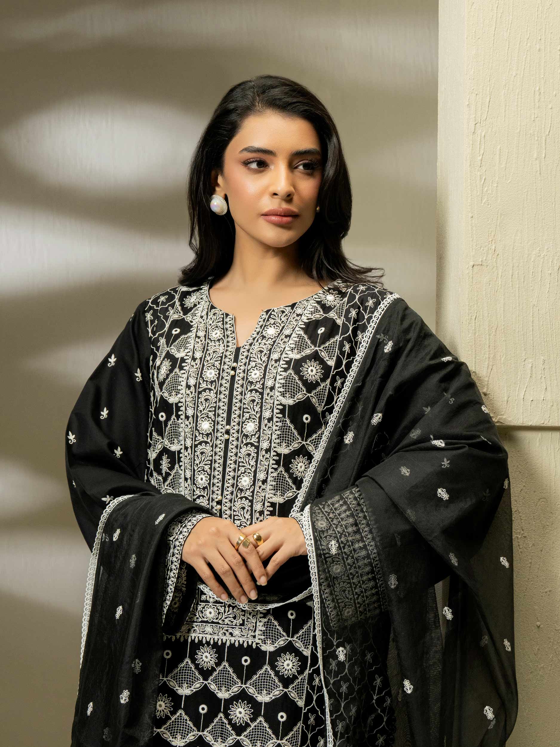 3 Piece Satin Suit-Embroidered (Pret)