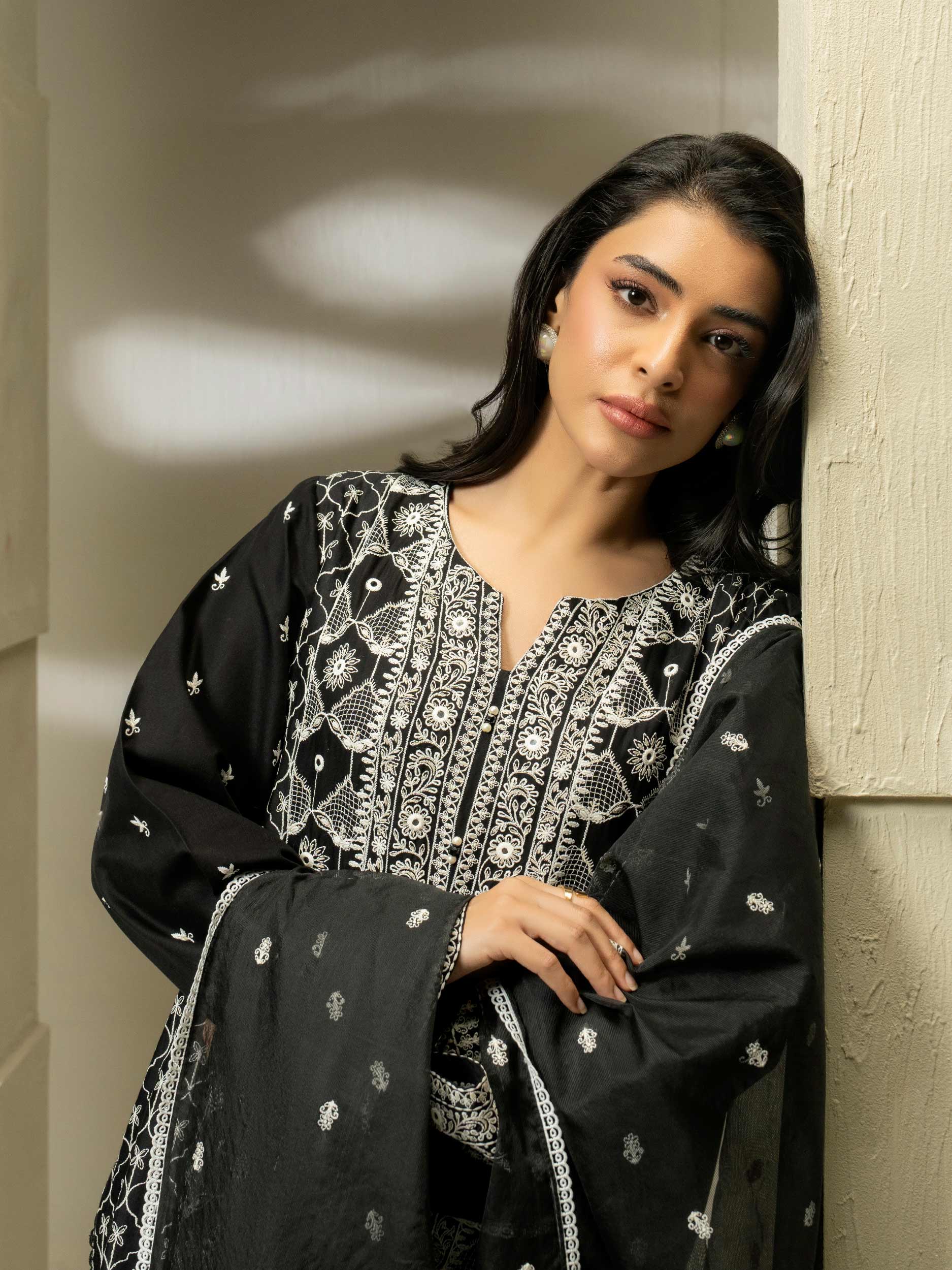 3 Piece Satin Suit-Embroidered (Pret)