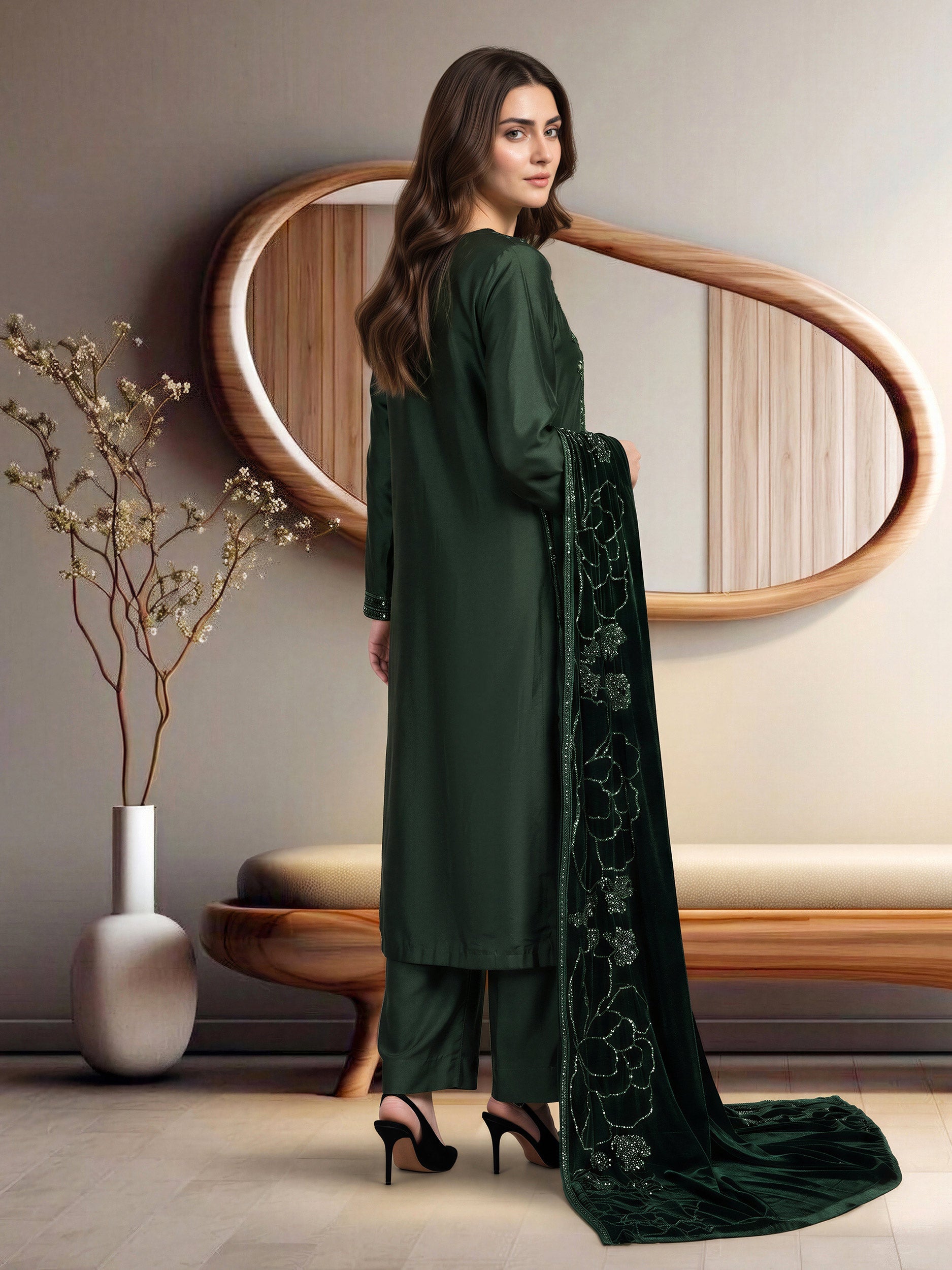 3 Piece Satin Suit- Embroidered (Pret)