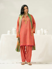 3 Piece Chambray Suit-Embroidered (Pret)