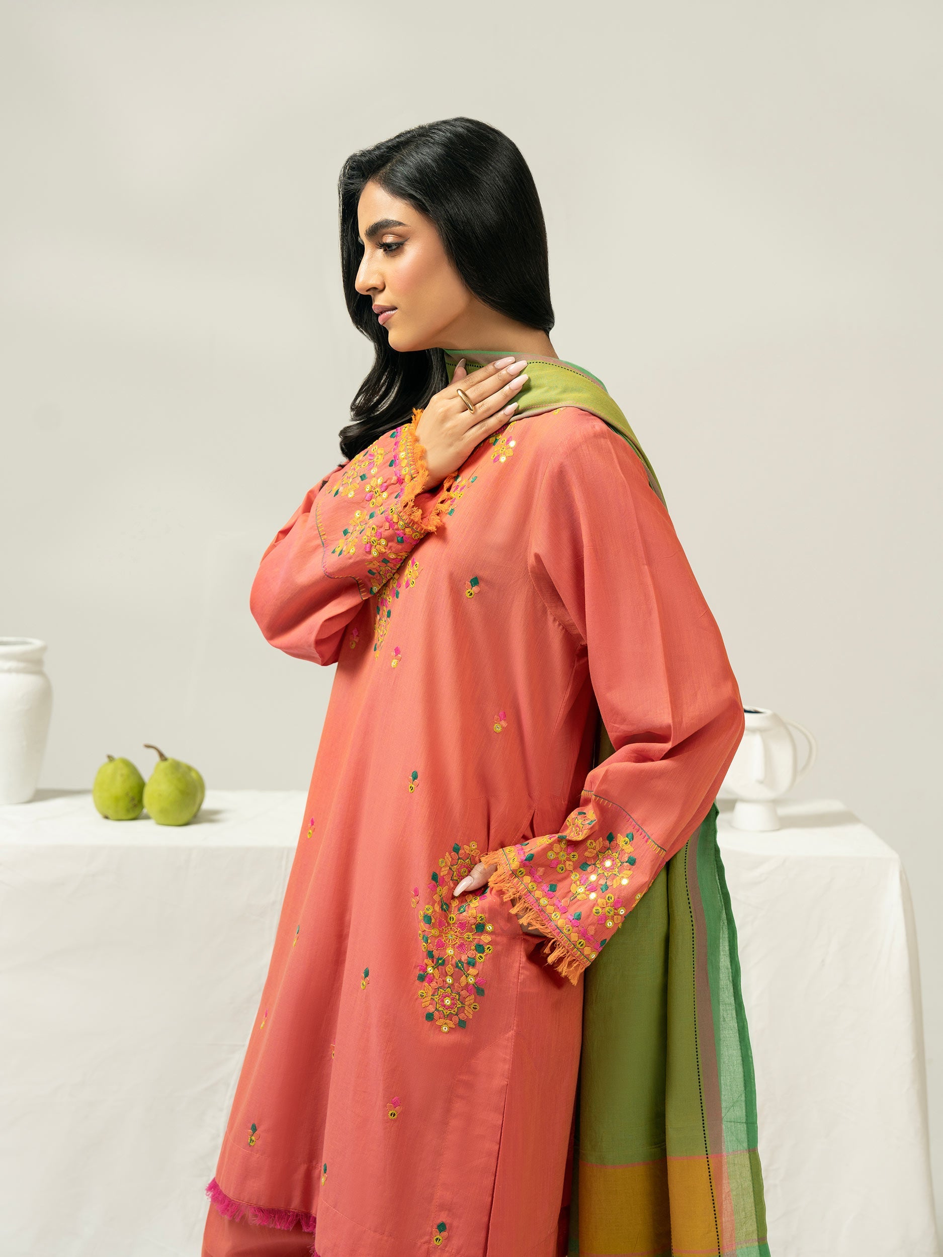 3 Piece Chambray Suit-Embroidered (Pret)