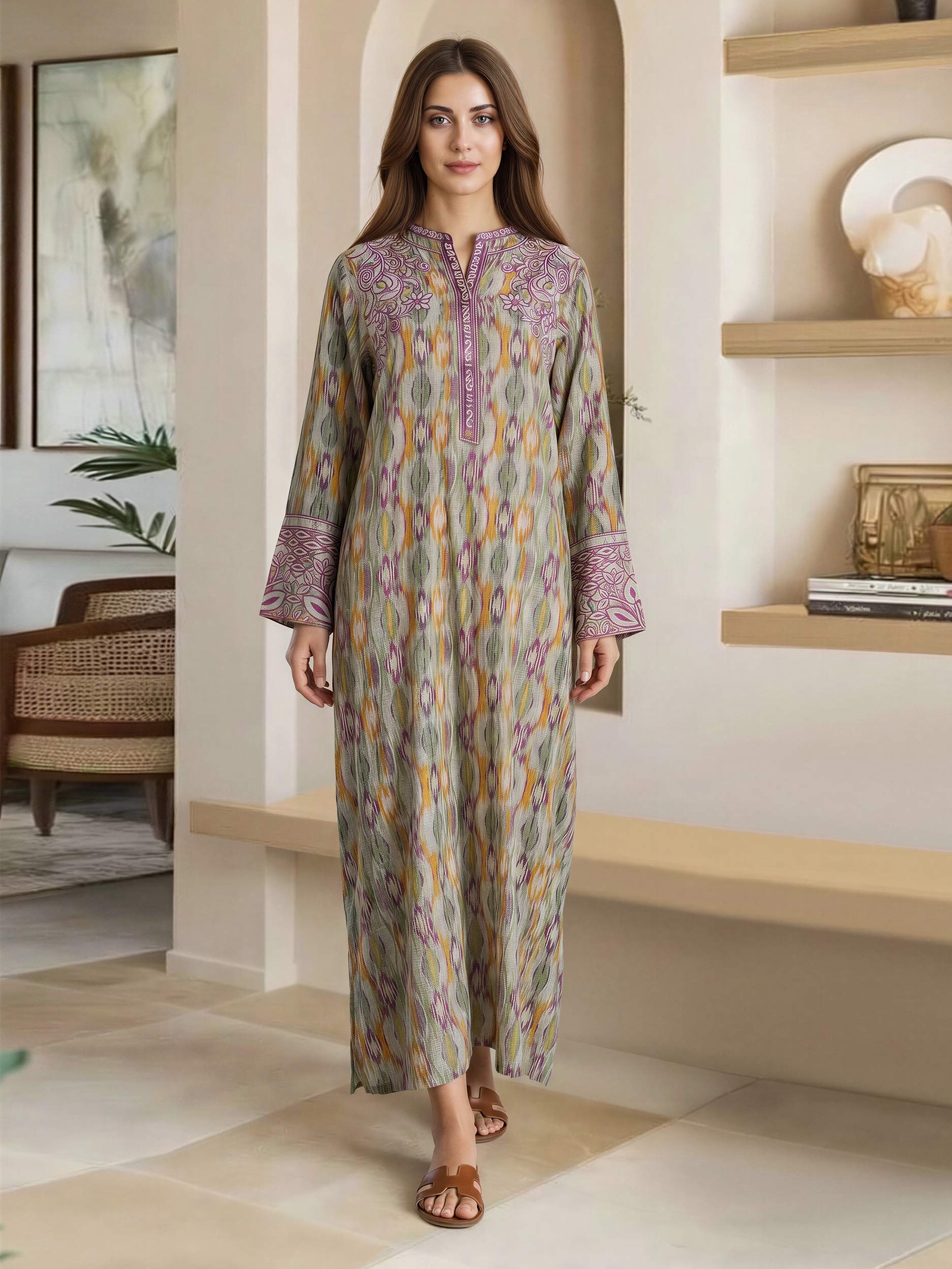 Viscose Slub Kaftan- Embroidered (Pret)