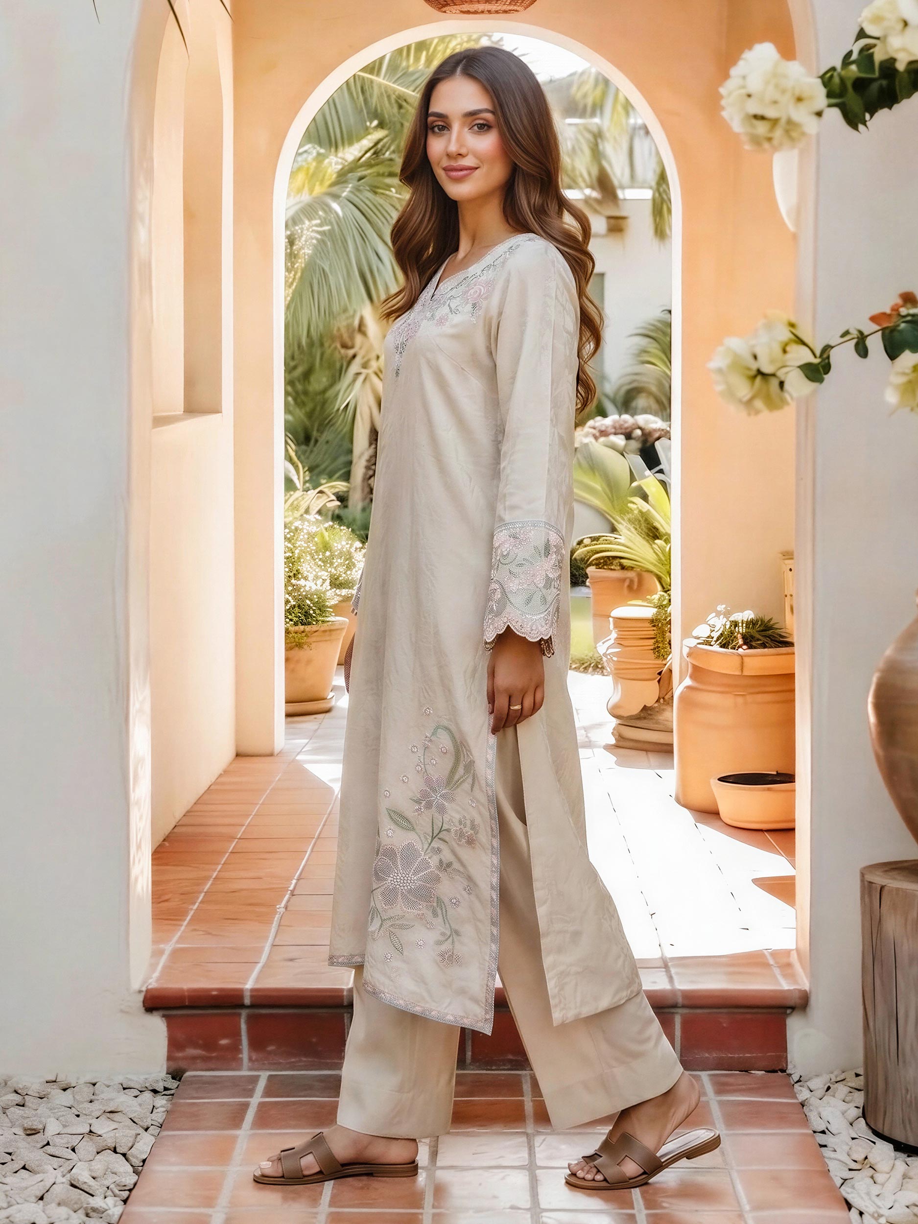 2 Piece Self Jacquard Suit- Embroidered (Pret)