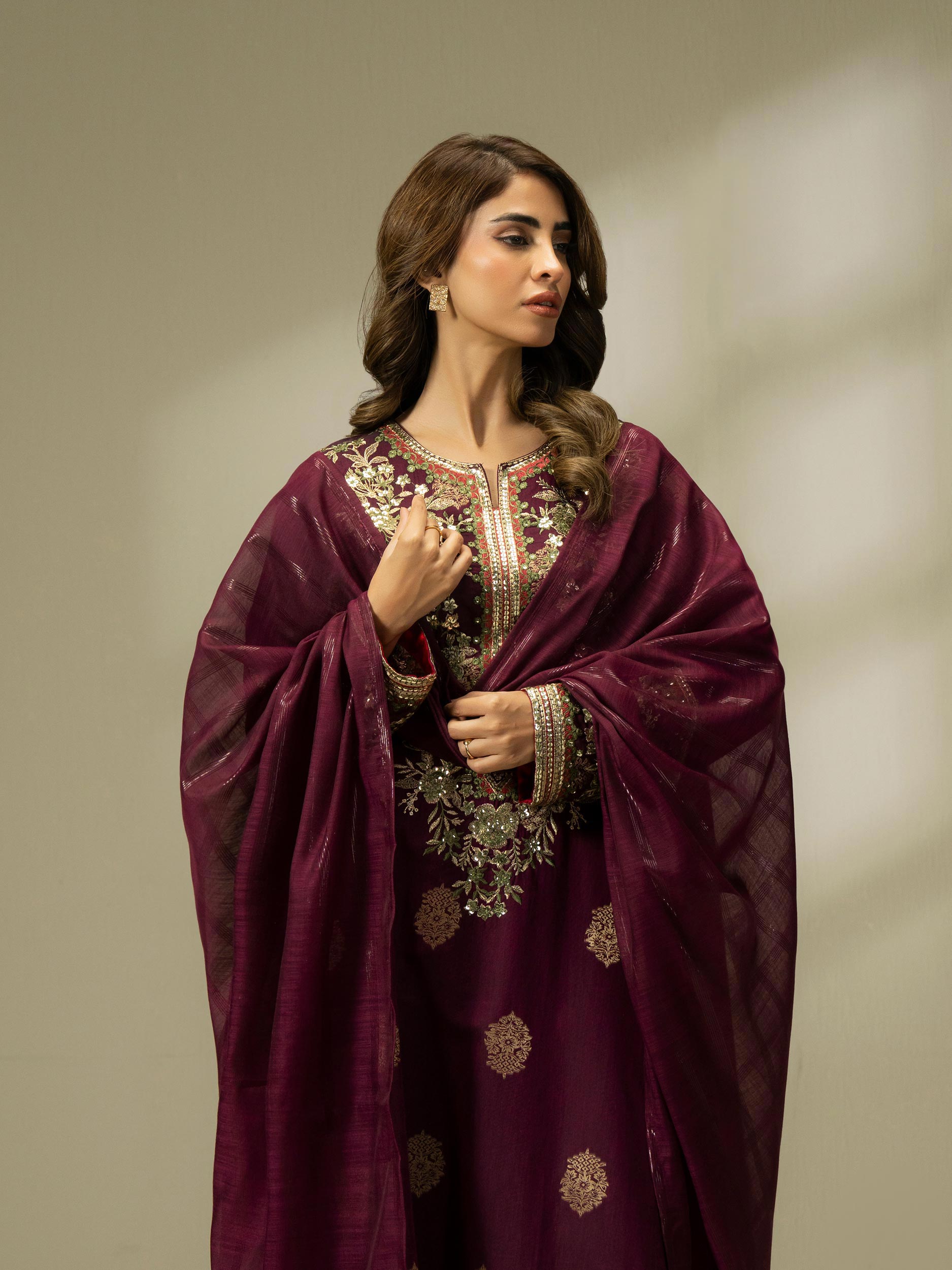 3 Piece Jacquard Suit-Embroidered (Pret)