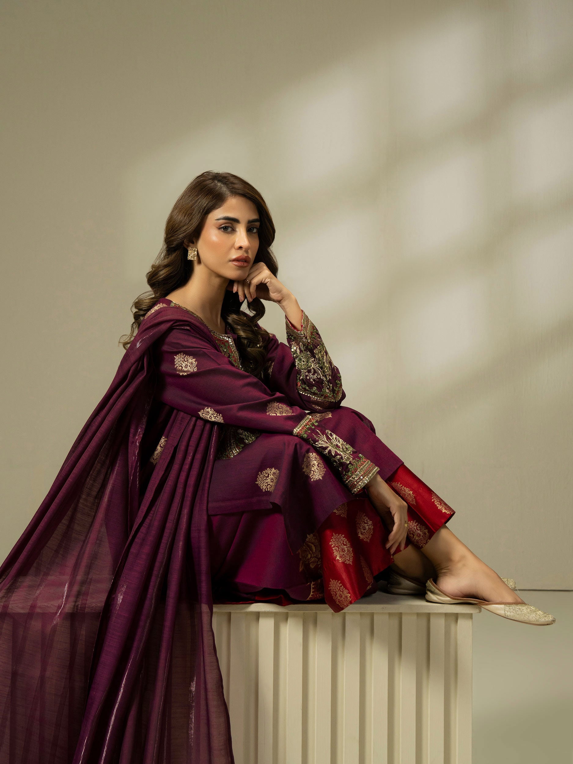 3 Piece Jacquard Suit-Embroidered (Pret)