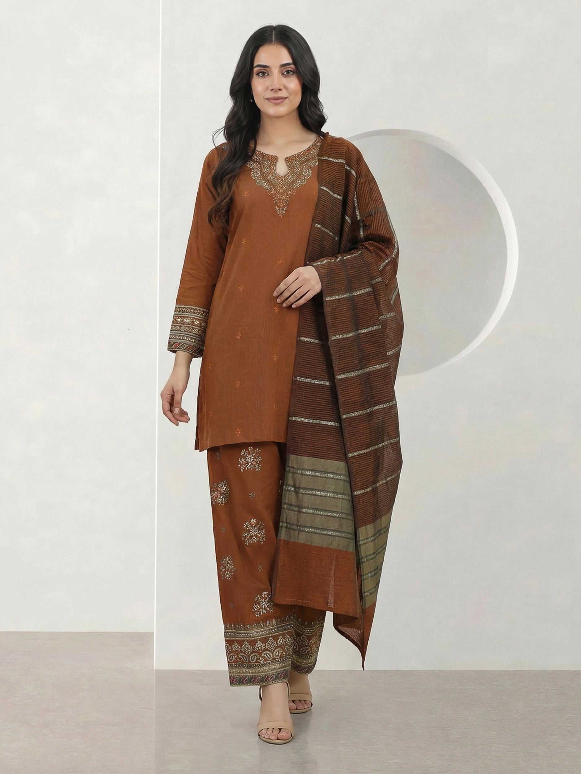 3 Piece Cotton Net Suit- Embroidered (Pret)