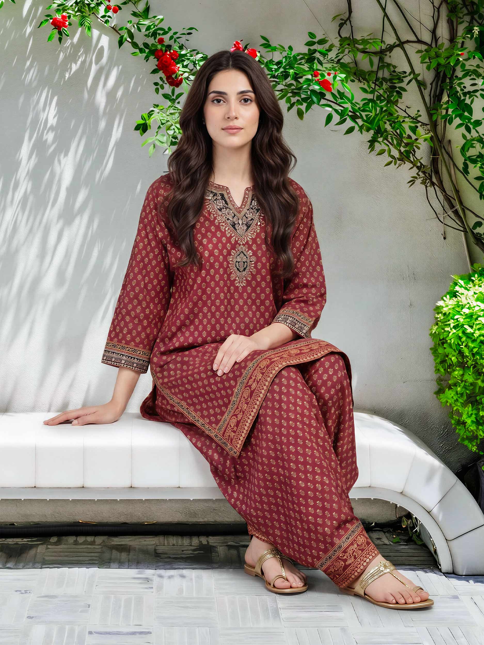 2 Piece Satin Suit- Embroidered (Pret)
