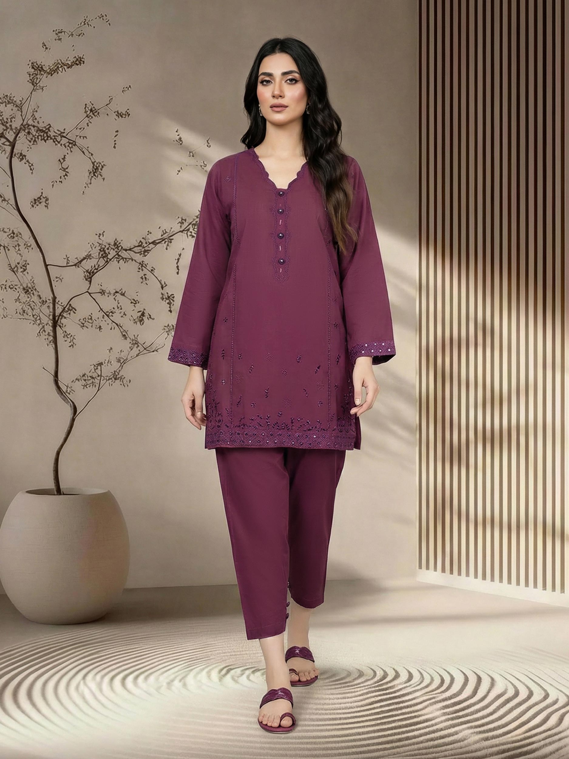 2 Piece  Lawn Slub Suit- Embroidered (Pret)