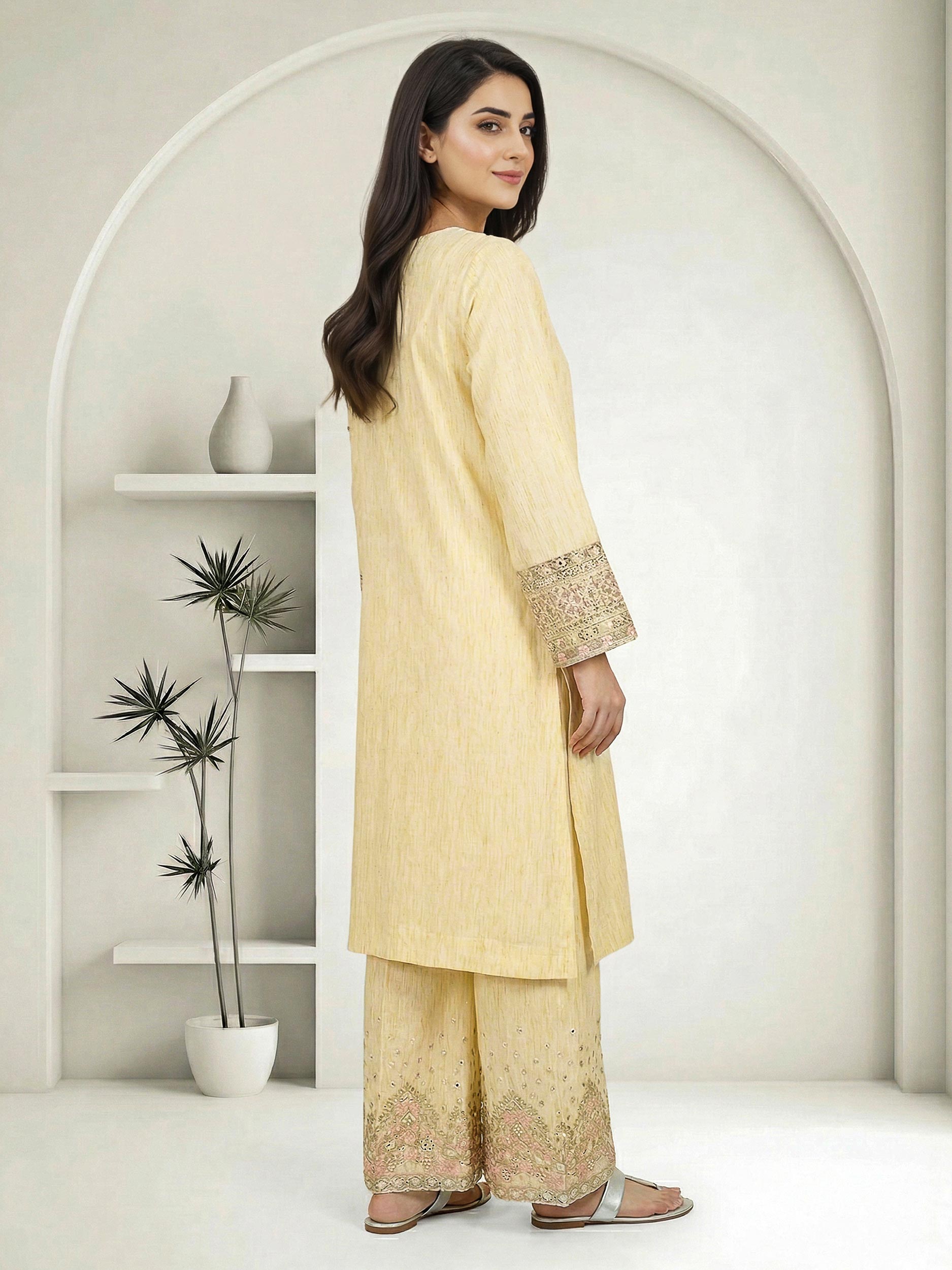2 Piece Viscose Glitter Suit- Embroidered (Pret)